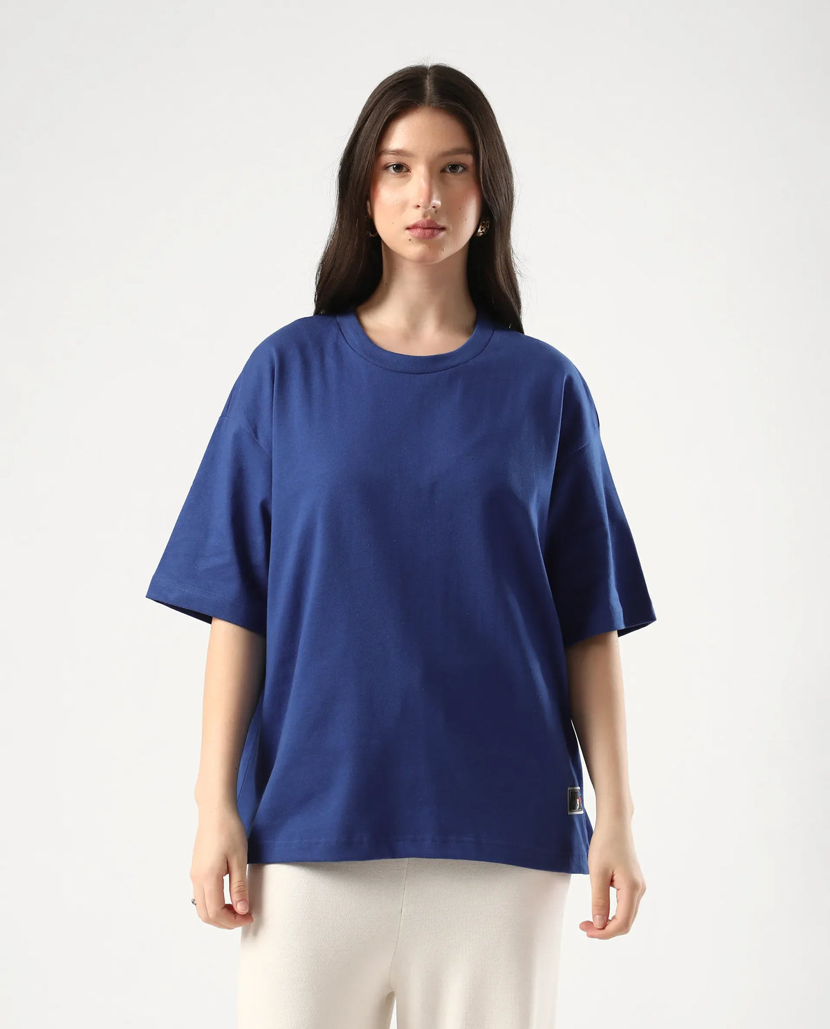 Rareism Women's Trebel Blue Cotton Graphic Print Oversized T-Shirt