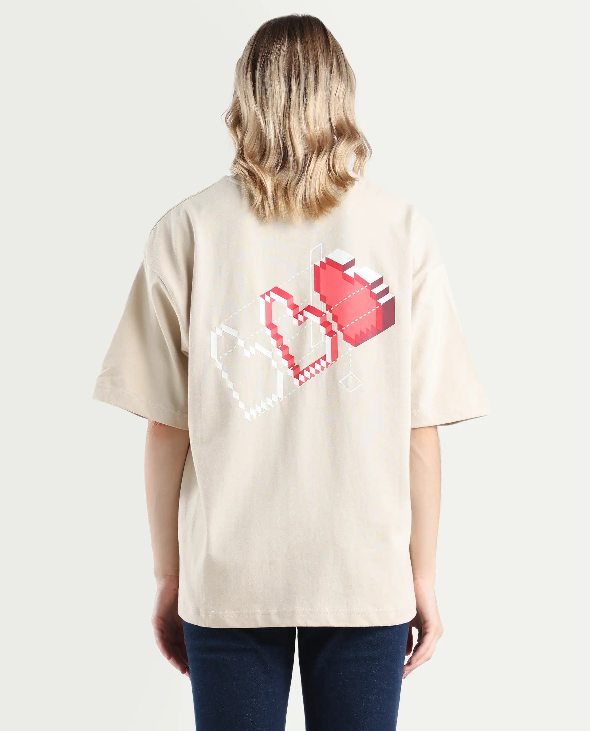 Rareism Women's Trebel Beige Cotton Graphic Print Oversized T-Shirt