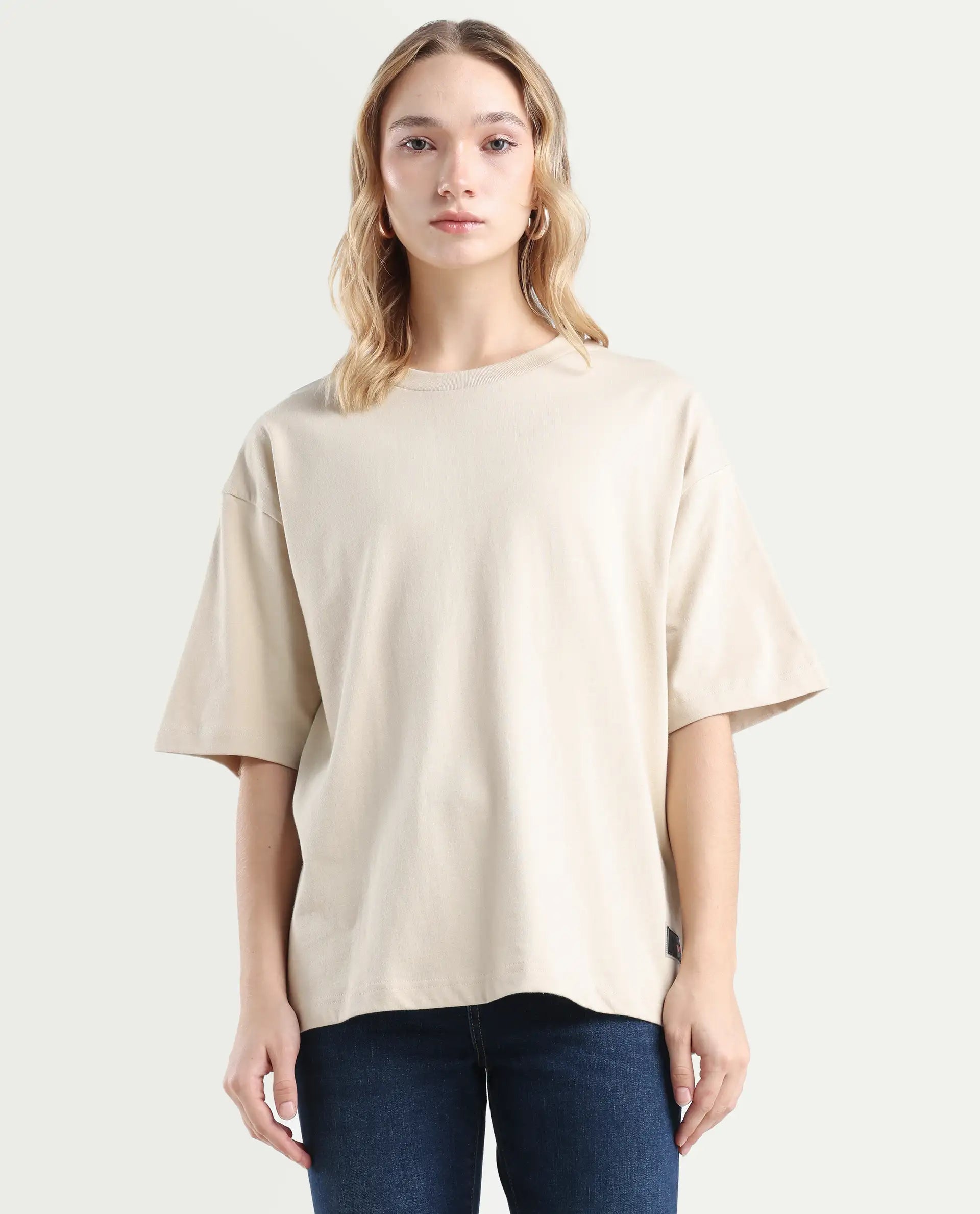 Rareism Women's Trebel Beige Cotton Graphic Print Oversized T-Shirt