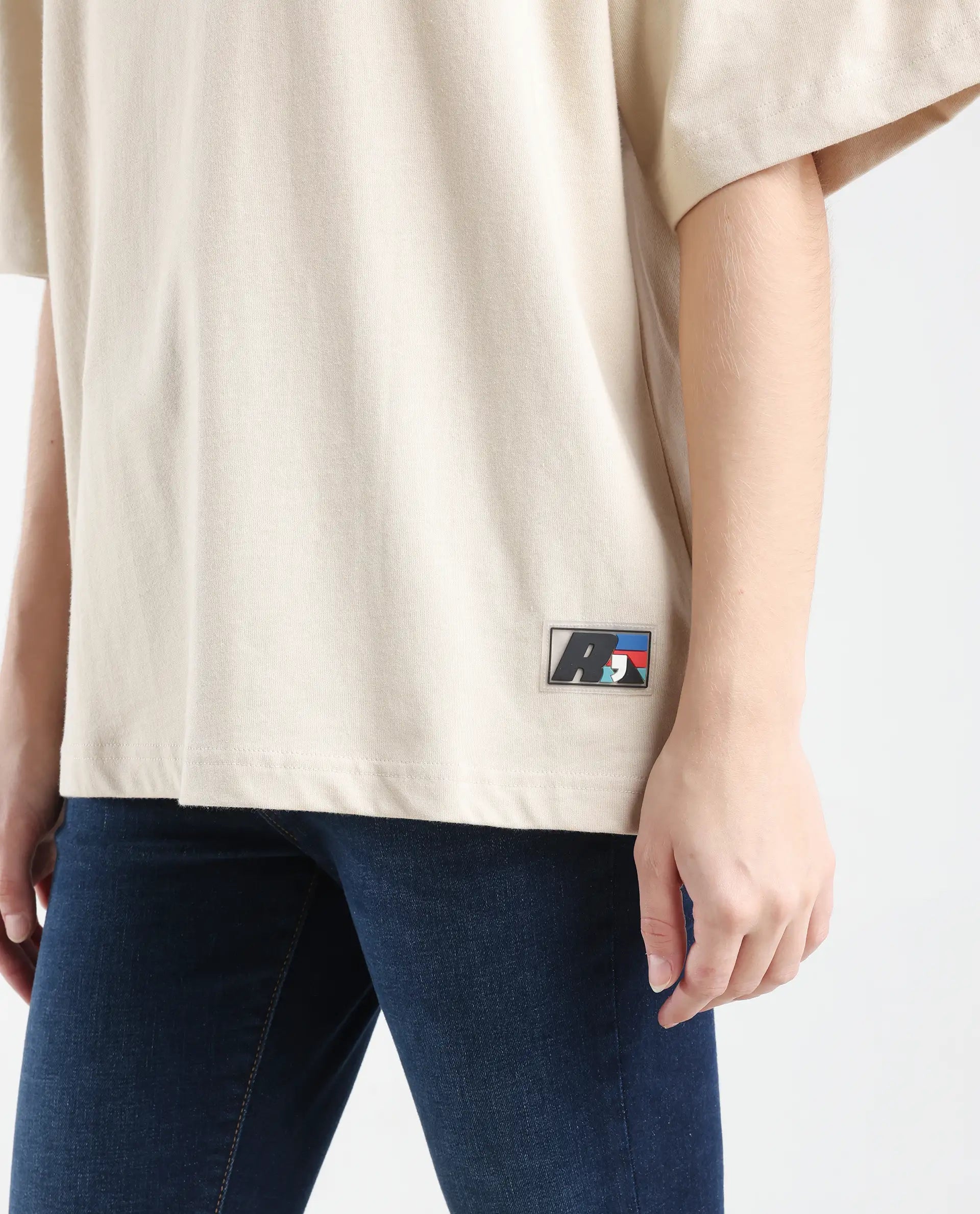 Rareism Women's Trebel Beige Cotton Graphic Print Oversized T-Shirt