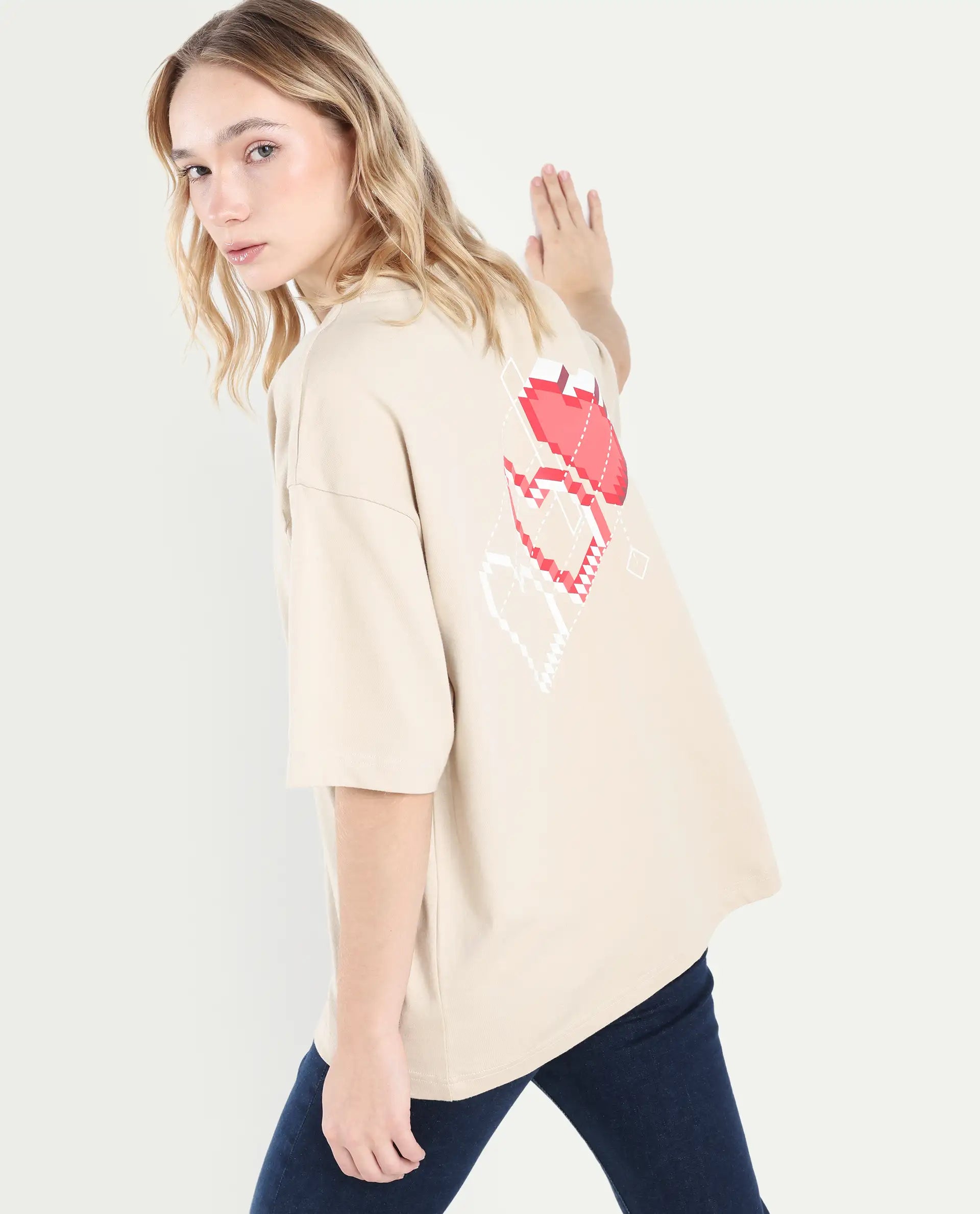 Rareism Women's Trebel Beige Cotton Graphic Print Oversized T-Shirt
