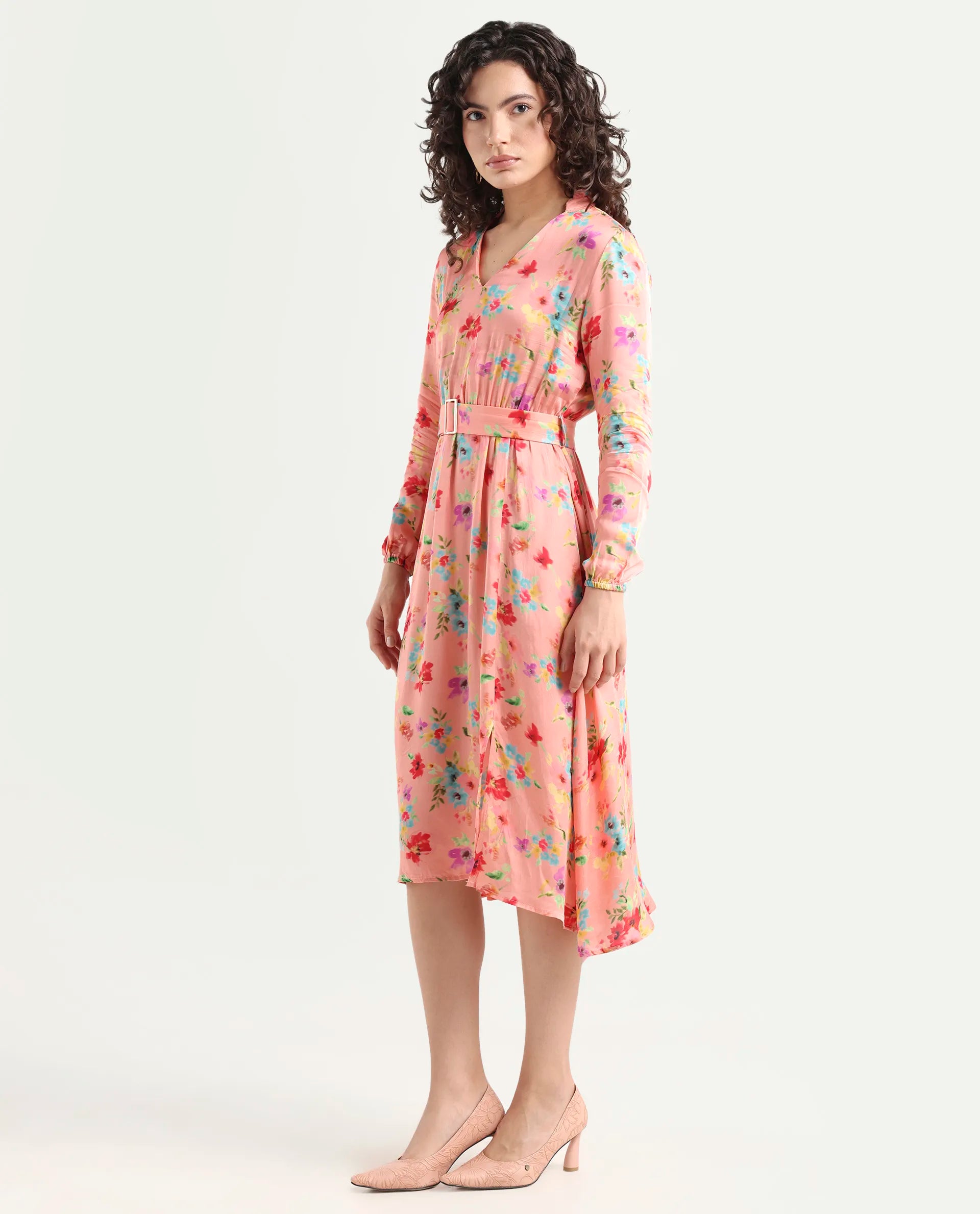 Rareism Women's Tuna Peach Viscose Blend V-Neck Floral Print Knee Length Regular Fit Dress