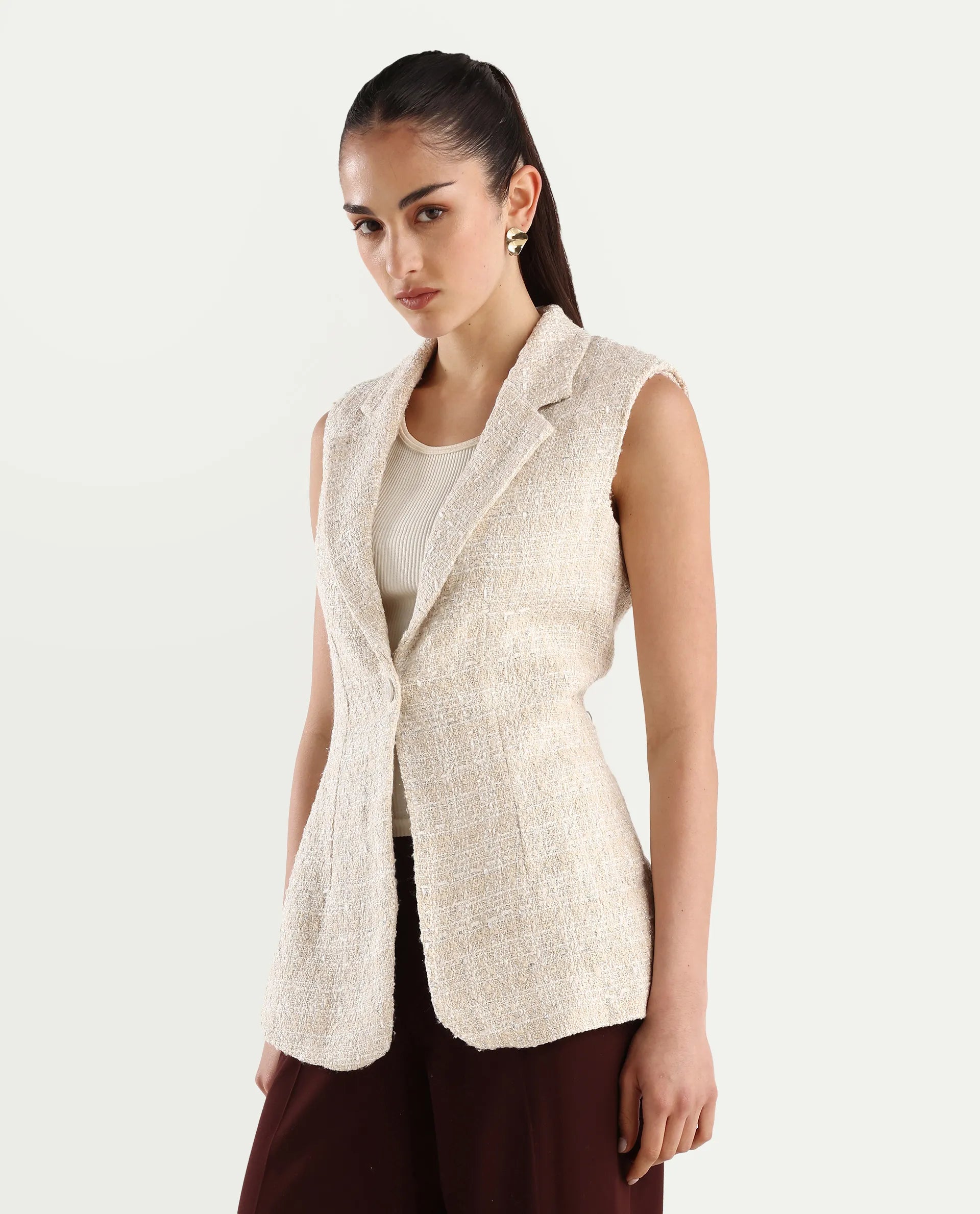 Rareism Women's Vadzai Beige Polyester Blend Lapel Neck Plain Sleeveless Mini Fitted Waist Coat