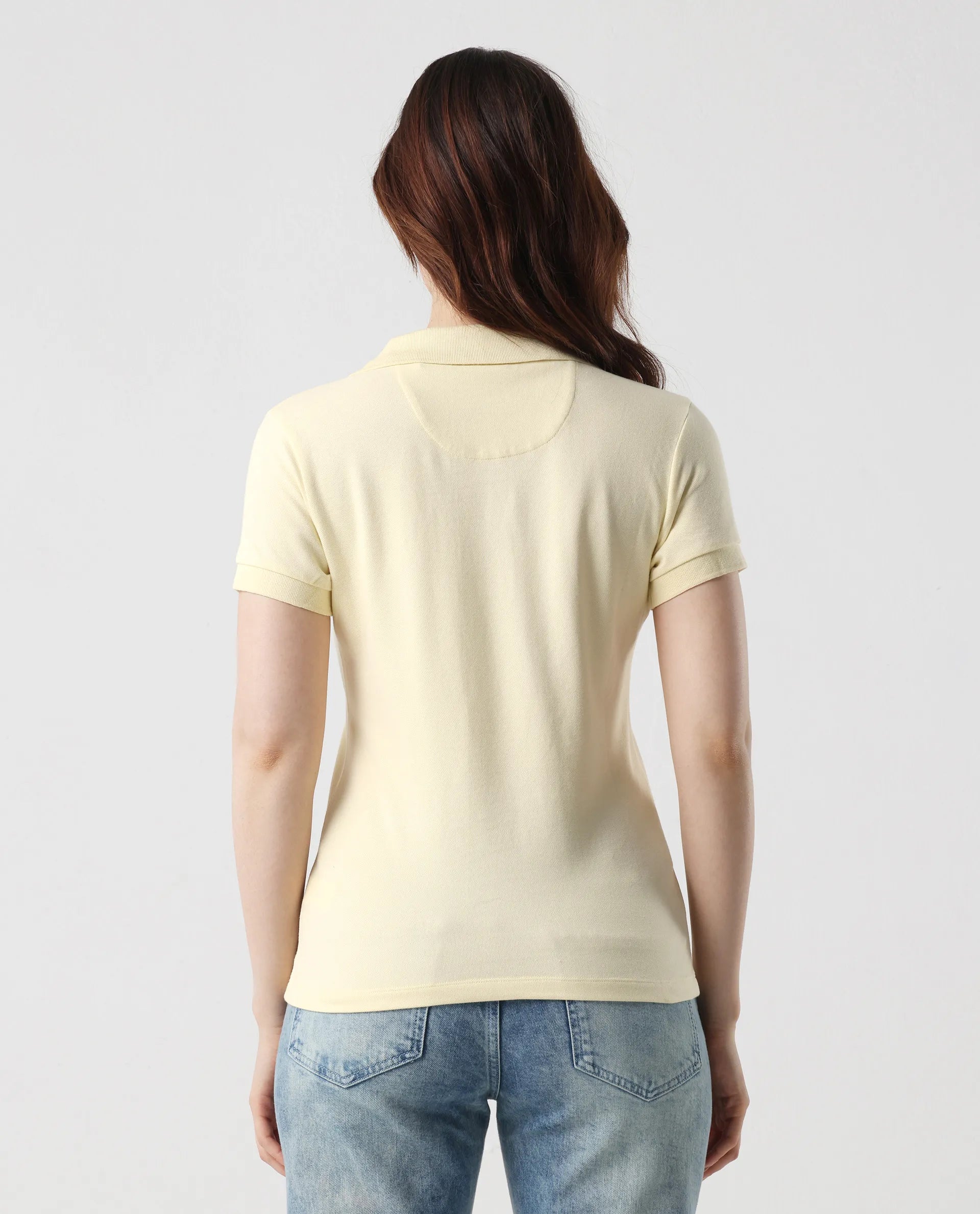 Rareism Women's Van Light Yellow Cotton Blend Polo Neck Plain Regular Fit Polo