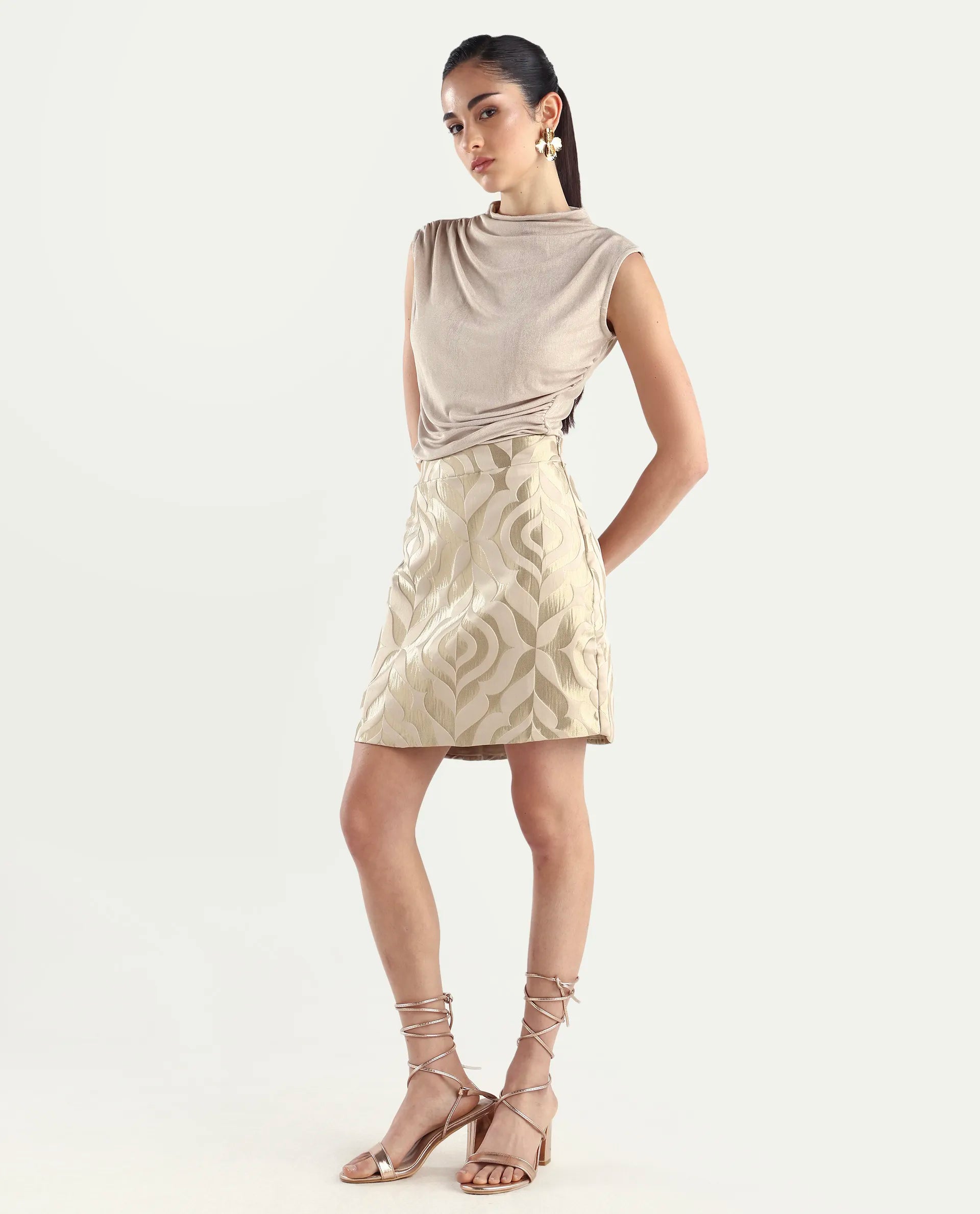 Rareism Women's Vegor B Metallic Gold Polyester Blend Jacquard Mini Regular Fit Skirt