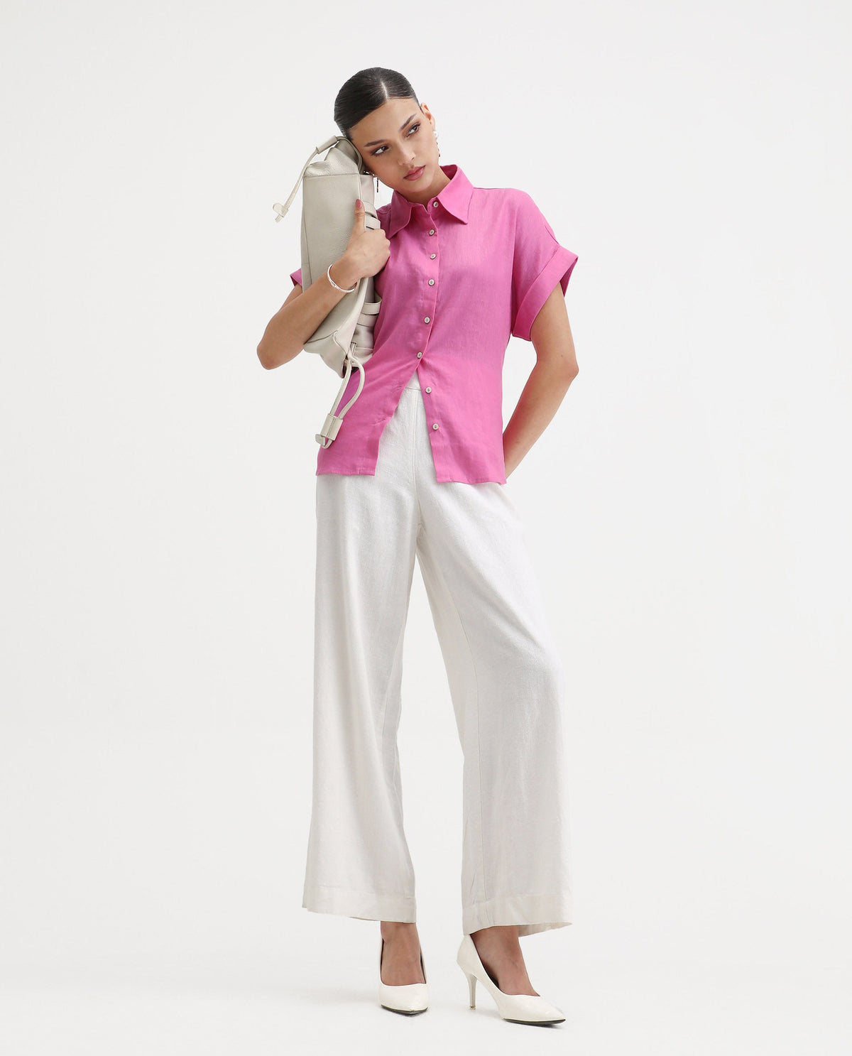 Rareism Women's Venezuela Light Pink Cotton Blend Drop Collar Plain Extended Sleeves Relaxed Fit Shirt