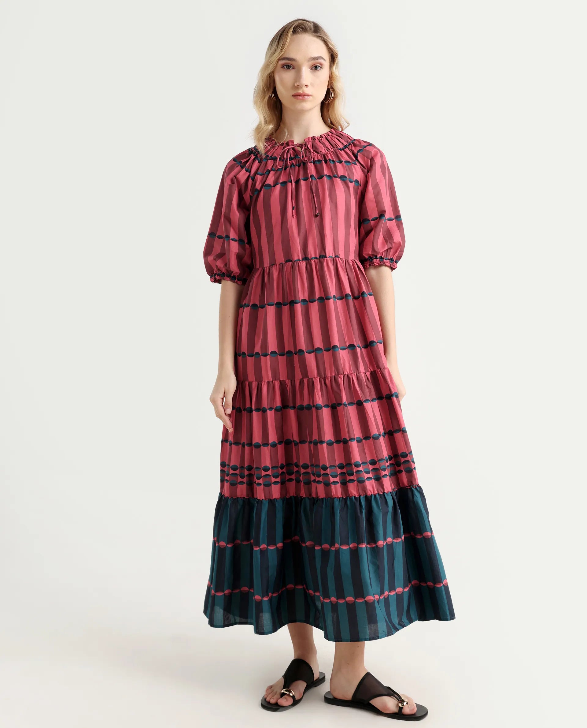 Rareism Women's Vero Maroon Cotton Tie-Up Neck Geometric Print Puff Sleeves Knee Length Regular Fit Dress