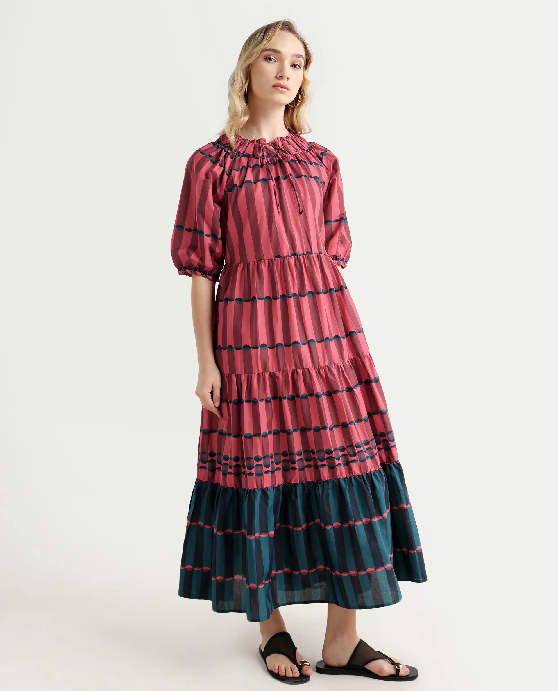 Rareism Women's Vero Maroon Cotton Tie-Up Neck Geometric Print Puff Sleeves Knee Length Regular Fit Dress