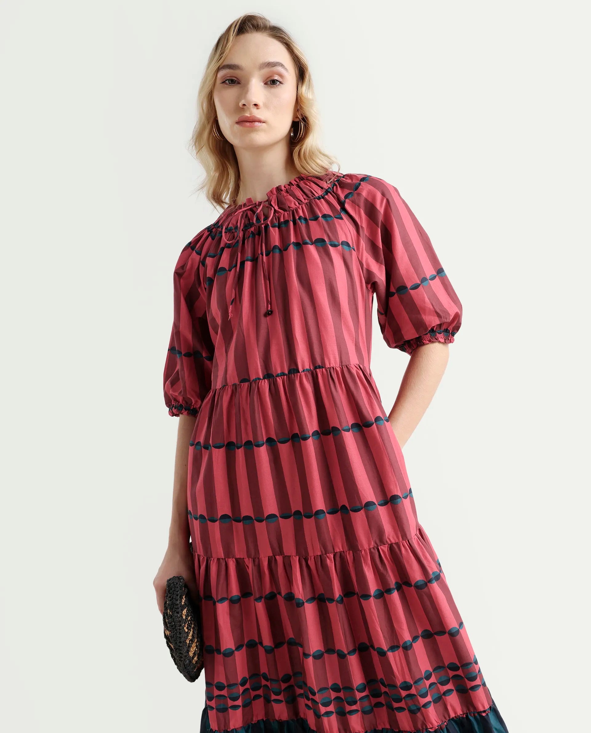 Rareism Women's Vero Maroon Cotton Tie-Up Neck Geometric Print Puff Sleeves Knee Length Regular Fit Dress