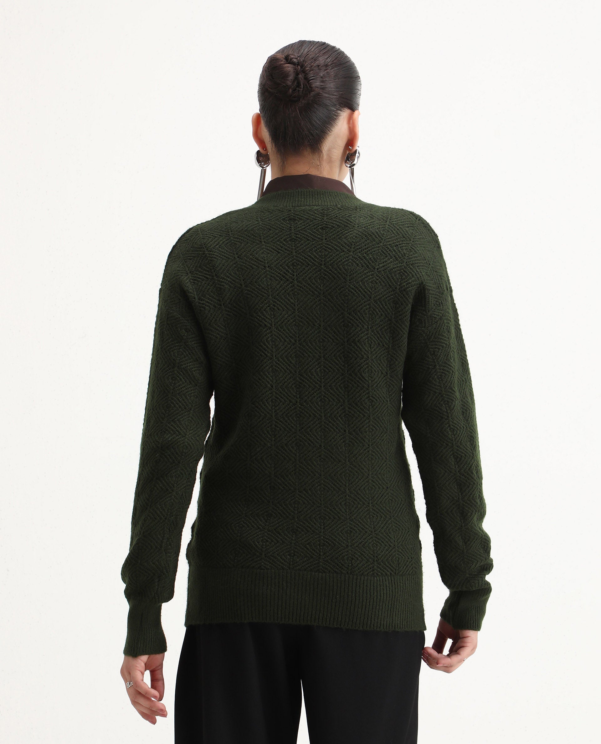 Rareism Women's Vihi Dark Olive Acrylic Blend V-Neck Plain Relaxed Fit Sweater