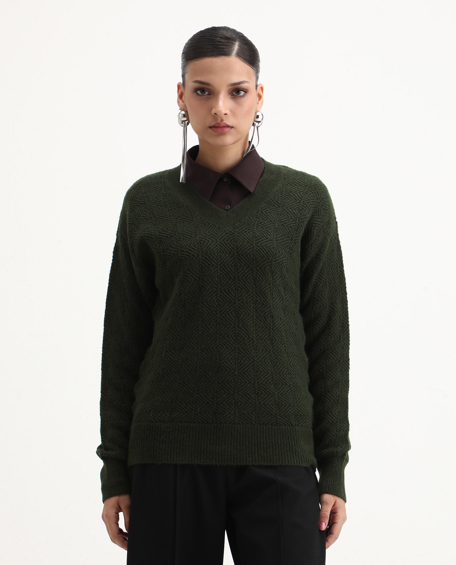 Rareism Women's Vihi Dark Olive Acrylic Blend V-Neck Plain Relaxed Fit Sweater