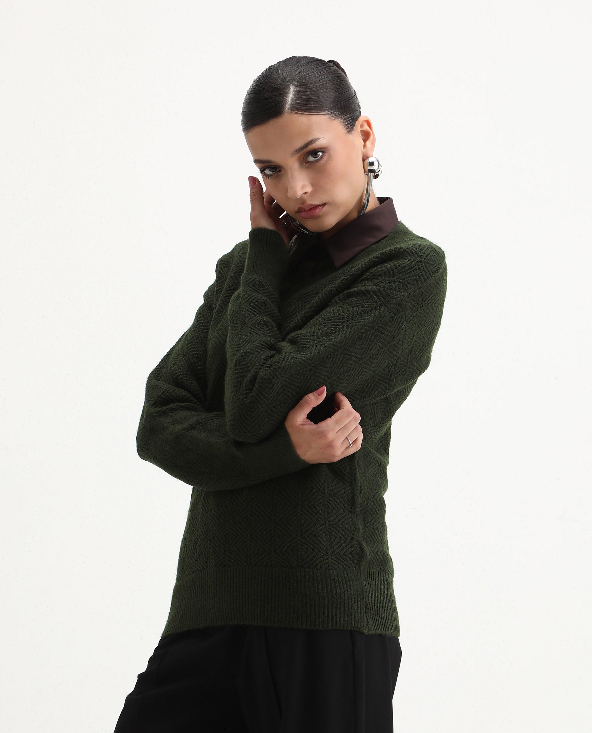 Rareism Women's Vihi Dark Olive Acrylic Blend V-Neck Plain Relaxed Fit Sweater