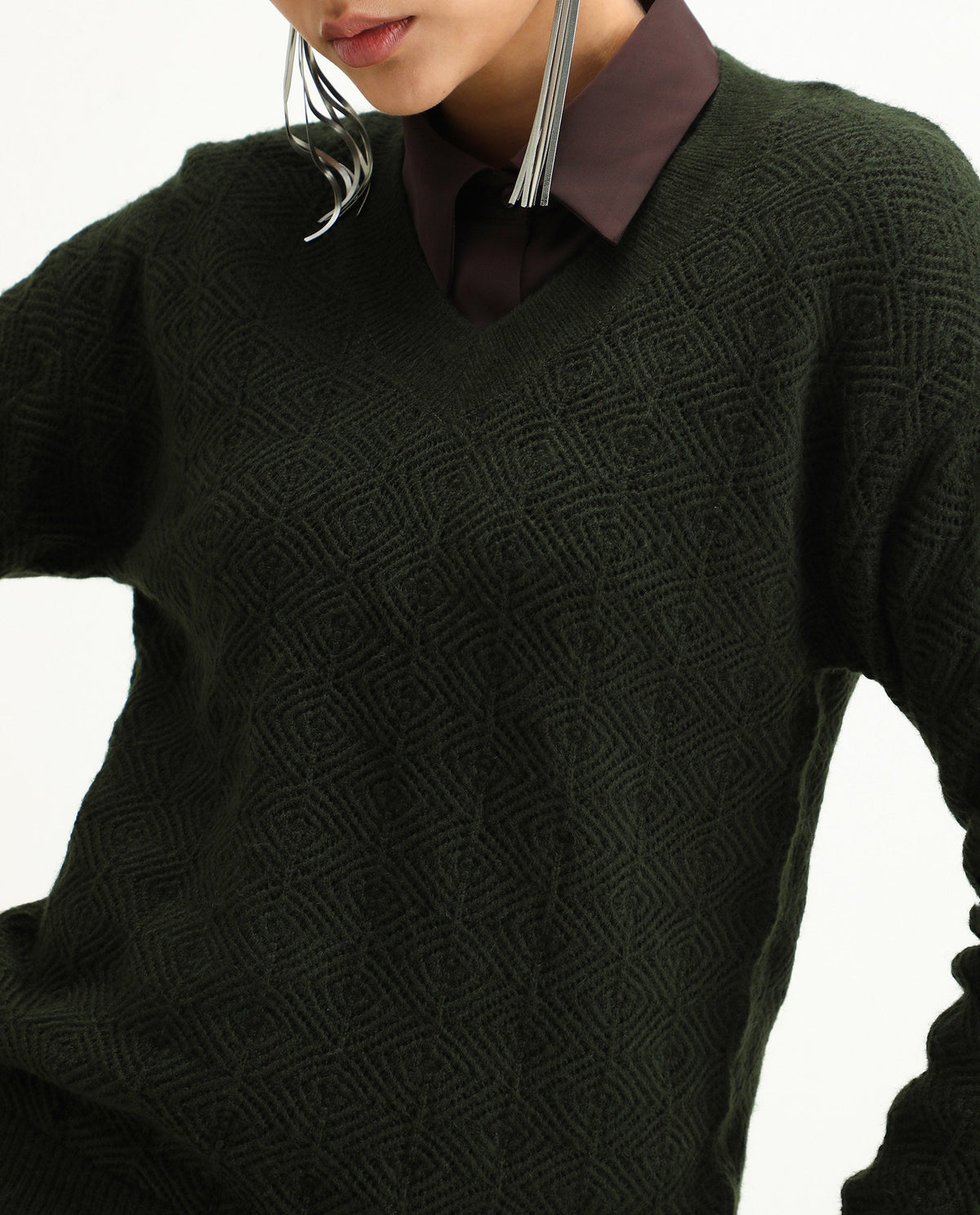 Rareism Women's Vihi Dark Olive Acrylic Blend V-Neck Plain Relaxed Fit Sweater