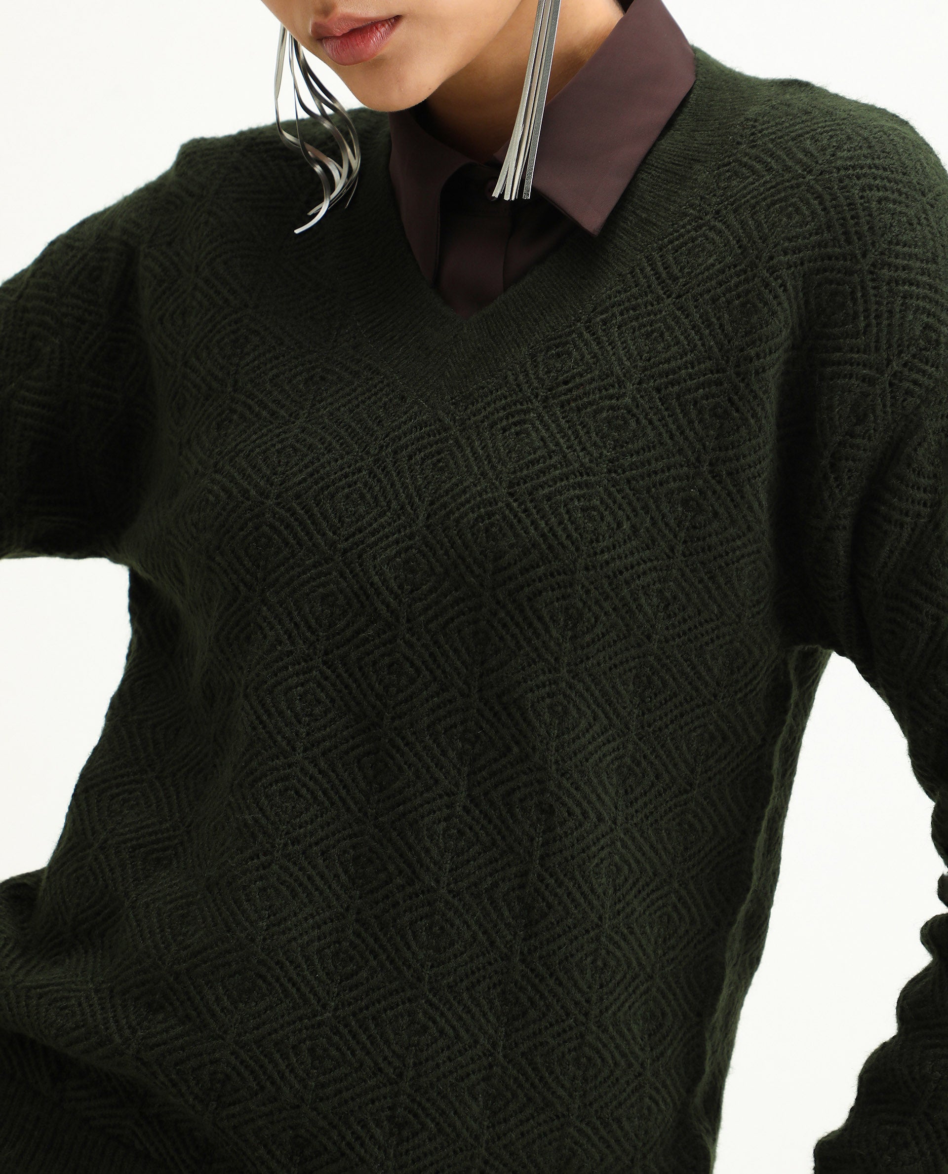 Rareism Women's Vihi Dark Olive Acrylic Blend V-Neck Plain Relaxed Fit Sweater