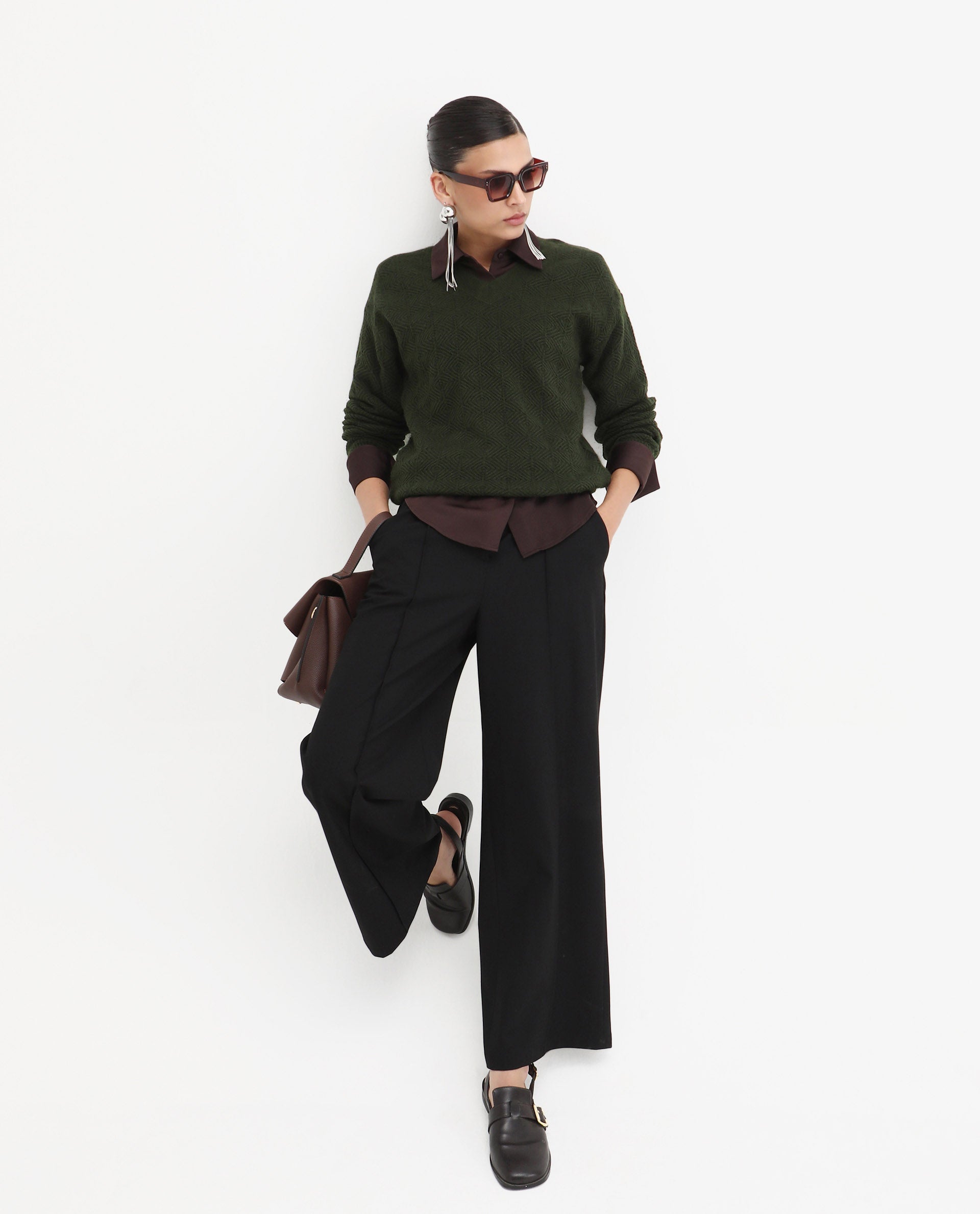 Rareism Women's Vihi Dark Olive Acrylic Blend V-Neck Plain Relaxed Fit Sweater