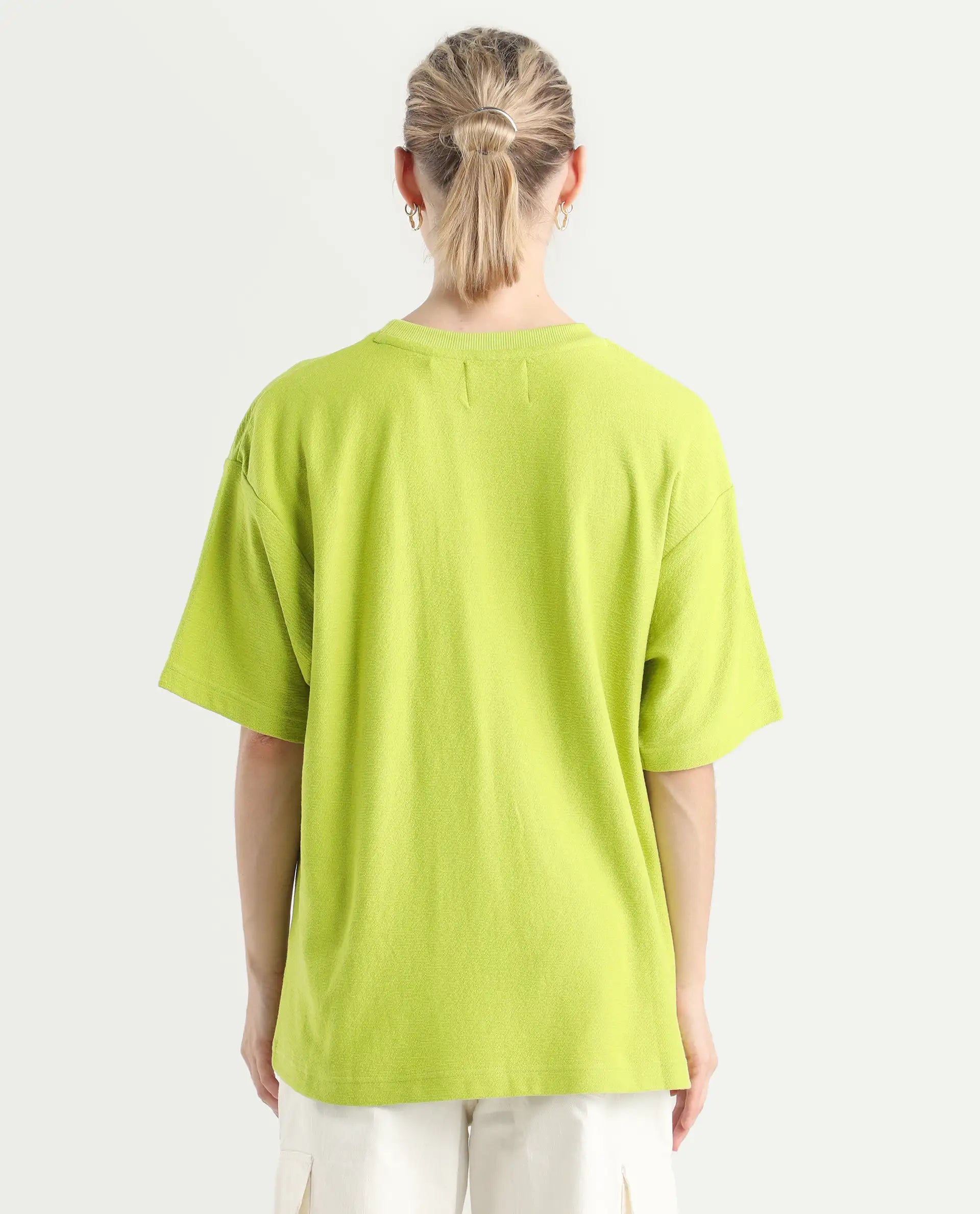 Rareism Women's Volo Green Cotton Graphic Print Oversized T-Shirt
