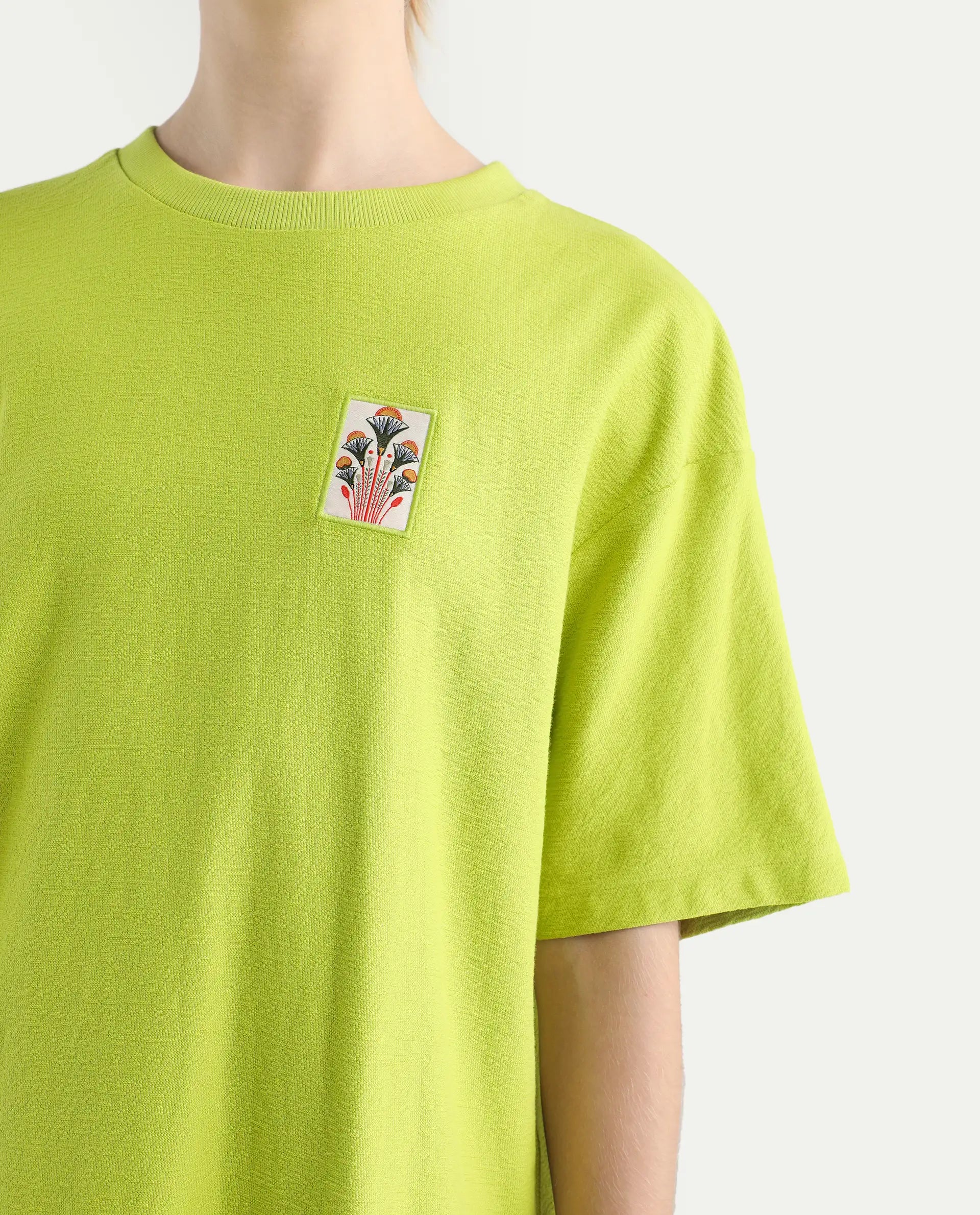 Rareism Women's Volo Green Cotton Graphic Print Oversized T-Shirt