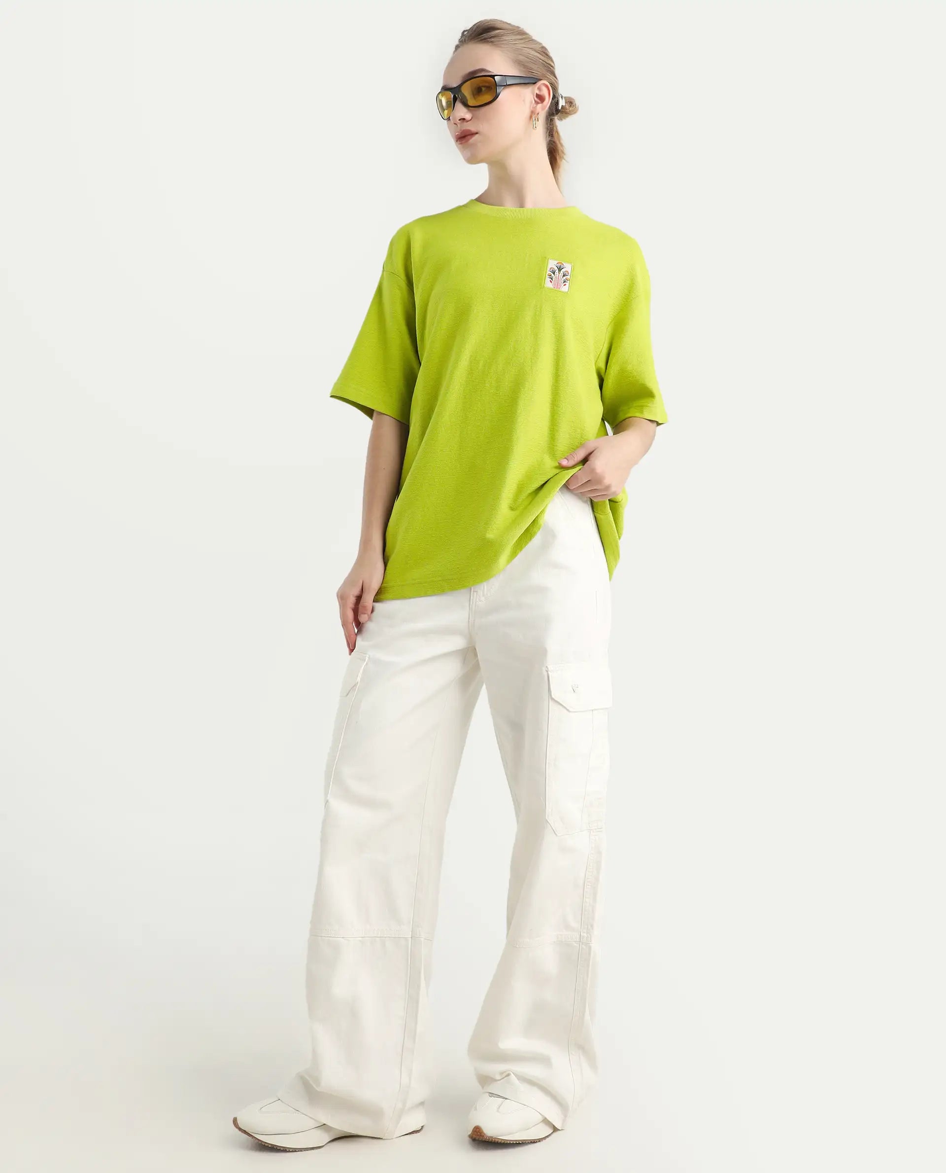 Rareism Women's Volo Green Cotton Graphic Print Oversized T-Shirt
