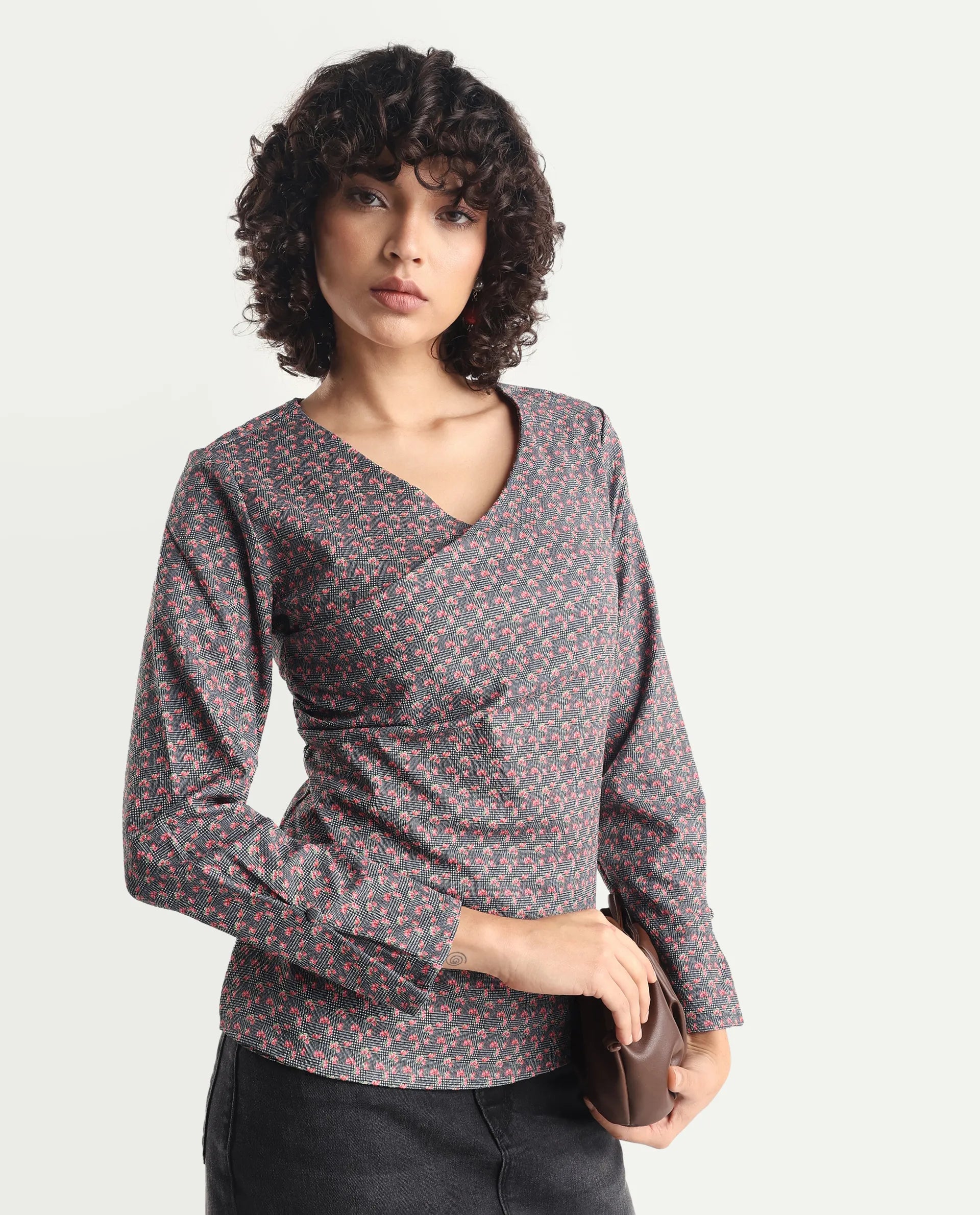 Rareism Women's Whabi Multi Cotton Blend V-Neck Floral Print Regular Fit Top