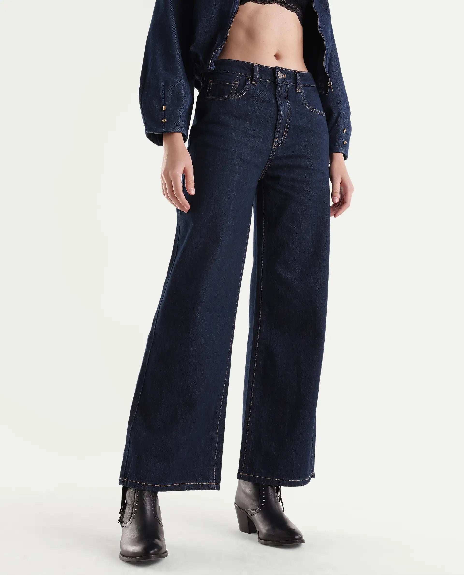 Rareism Womens Wyde-1 Dark Navy Cotton Sculpt High Wide Plain Jeans