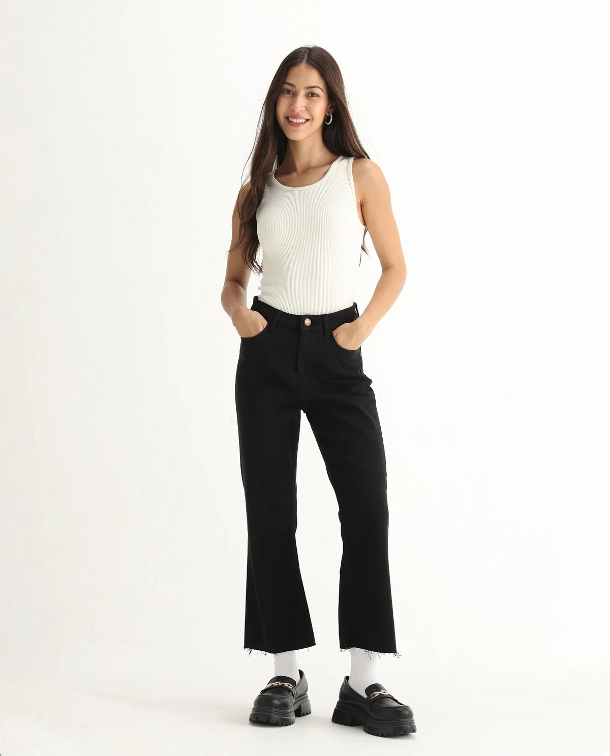 Rareism Women's Winona Black Cotton Blend Plain Ankle Length Classic Bootcut Jeans