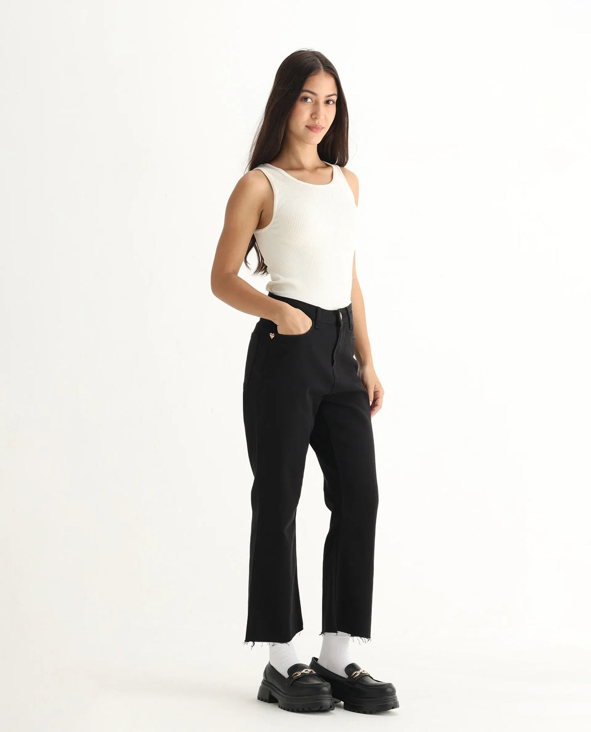 Rareism Women's Winona Black Cotton Blend Plain Ankle Length Classic Bootcut Jeans