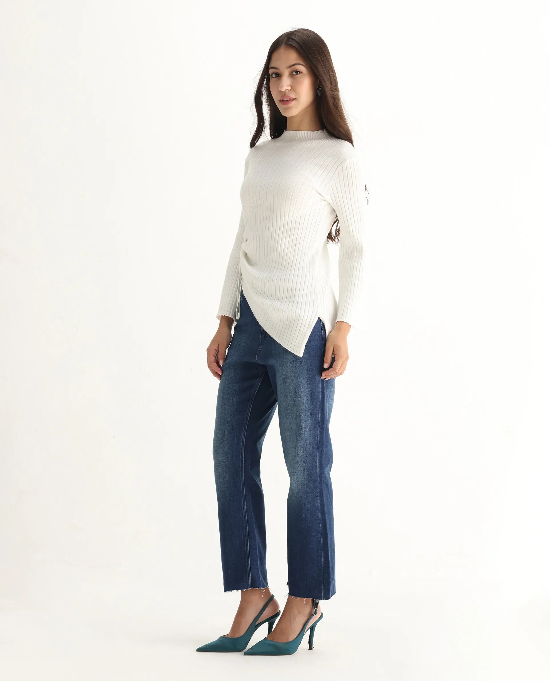 Rareism Women's Winona Blue Cotton Blend Plain Ankle Length Classic Bootcut Jeans