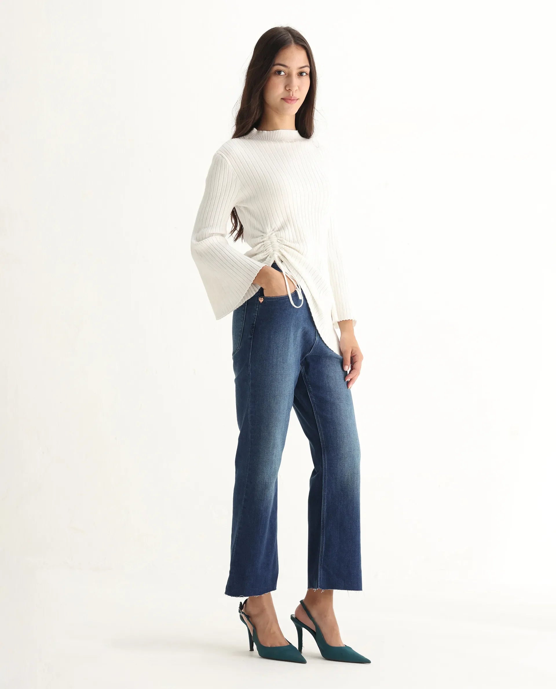 Rareism Women's Winona Blue Cotton Blend Plain Ankle Length Crop Flare Jeans