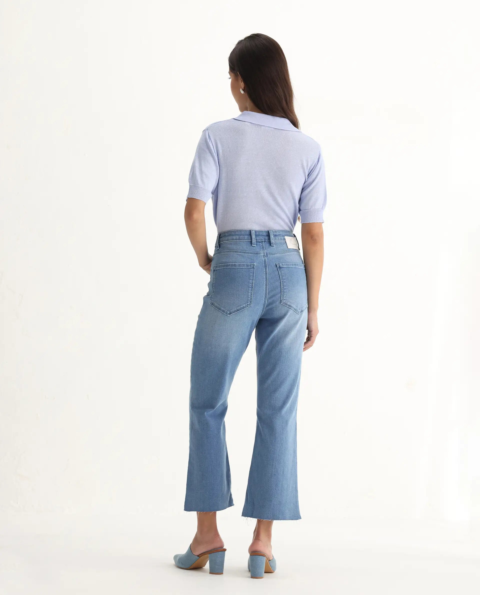 Rareism Women's Winona Pastel Blue Cotton Blend Plain Ankle Length Crop Flare Jeans