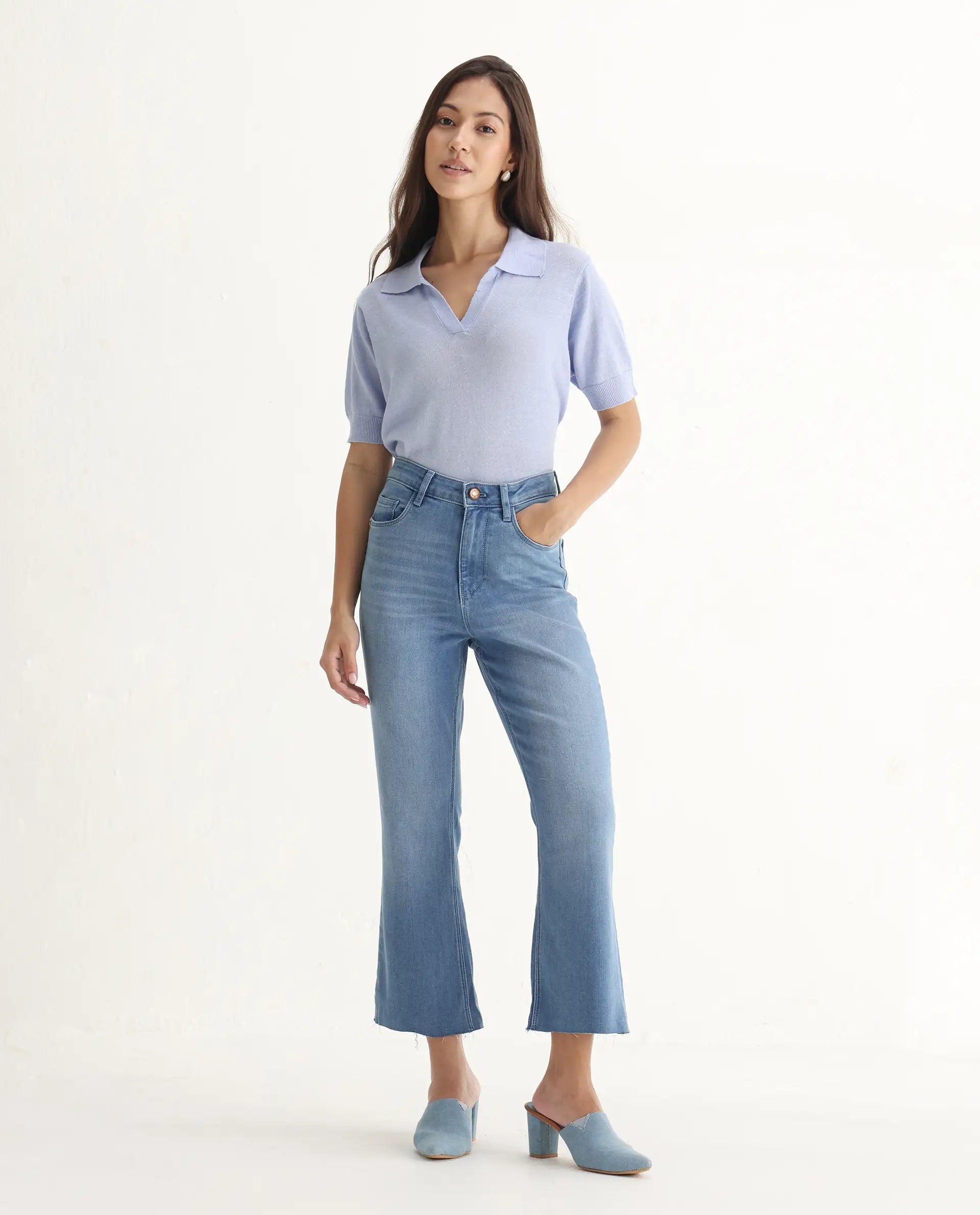 Rareism Women's Winona Pastel Blue Cotton Blend Plain Ankle Length Crop Flare Jeans