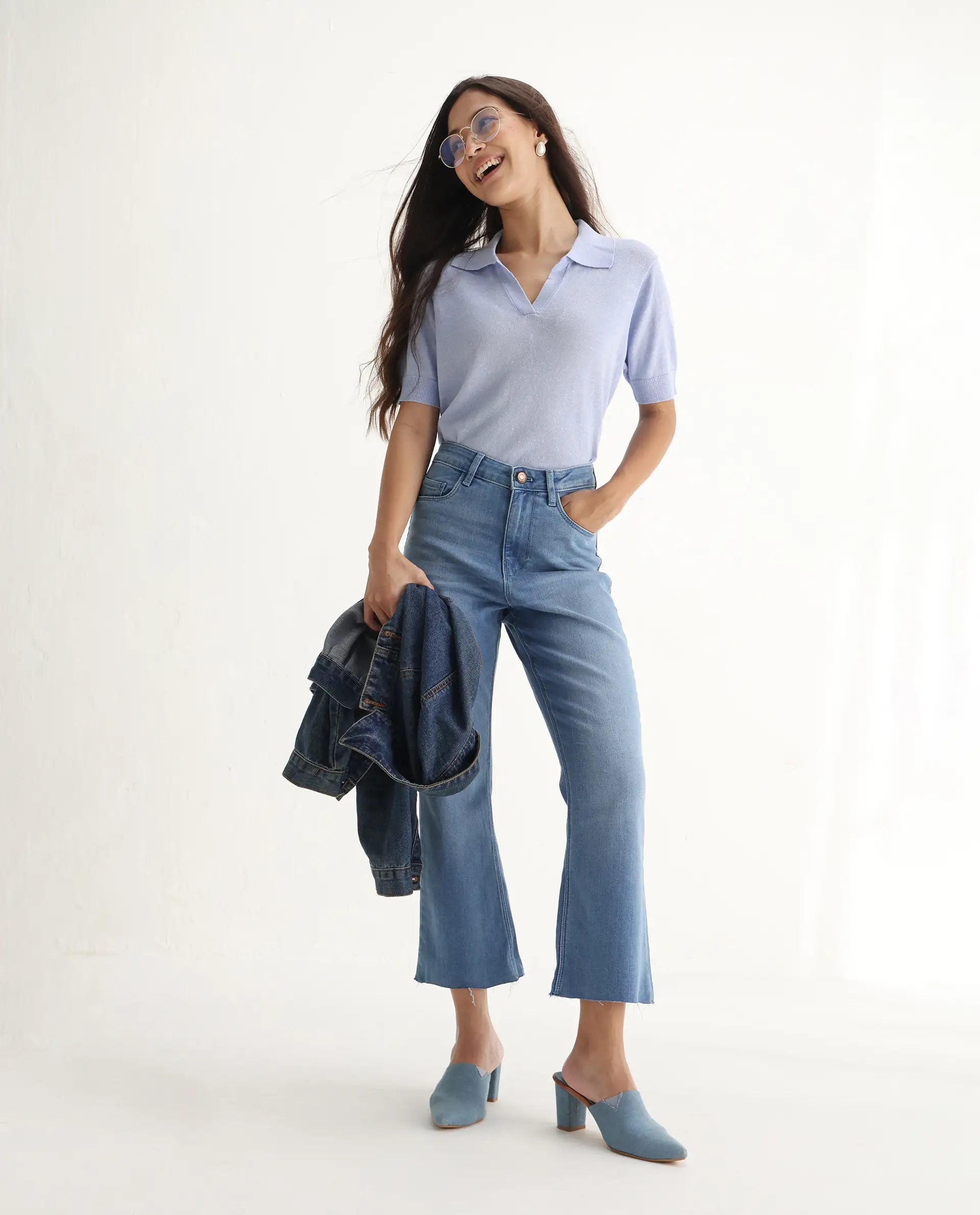 Rareism Women's Winona Pastel Blue Cotton Blend Plain Ankle Length Crop Flare Jeans