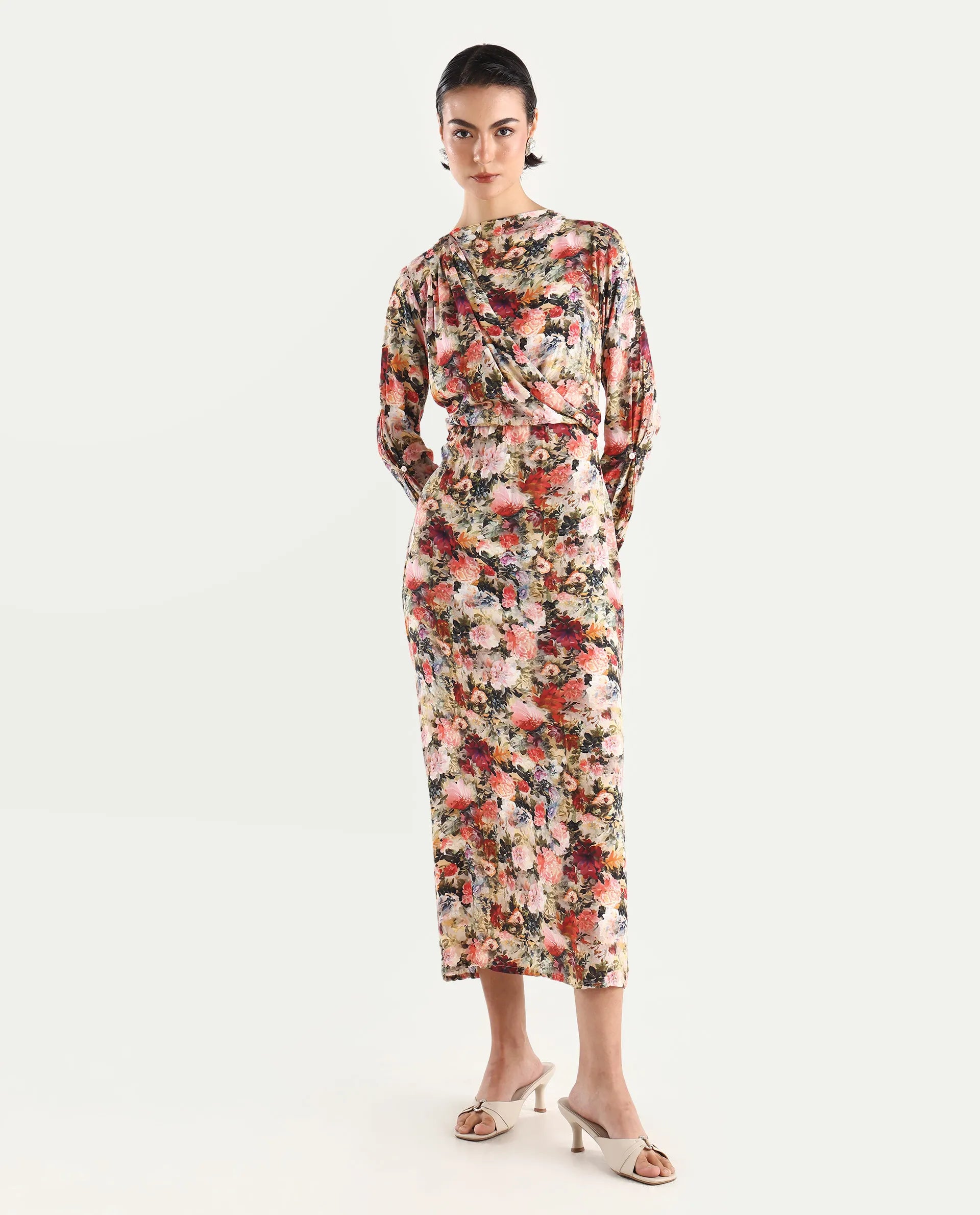 Rareism Women's Winza Dark Red Viscose Blend Cowl Neck Floral Print Midi Straight Fit Dress