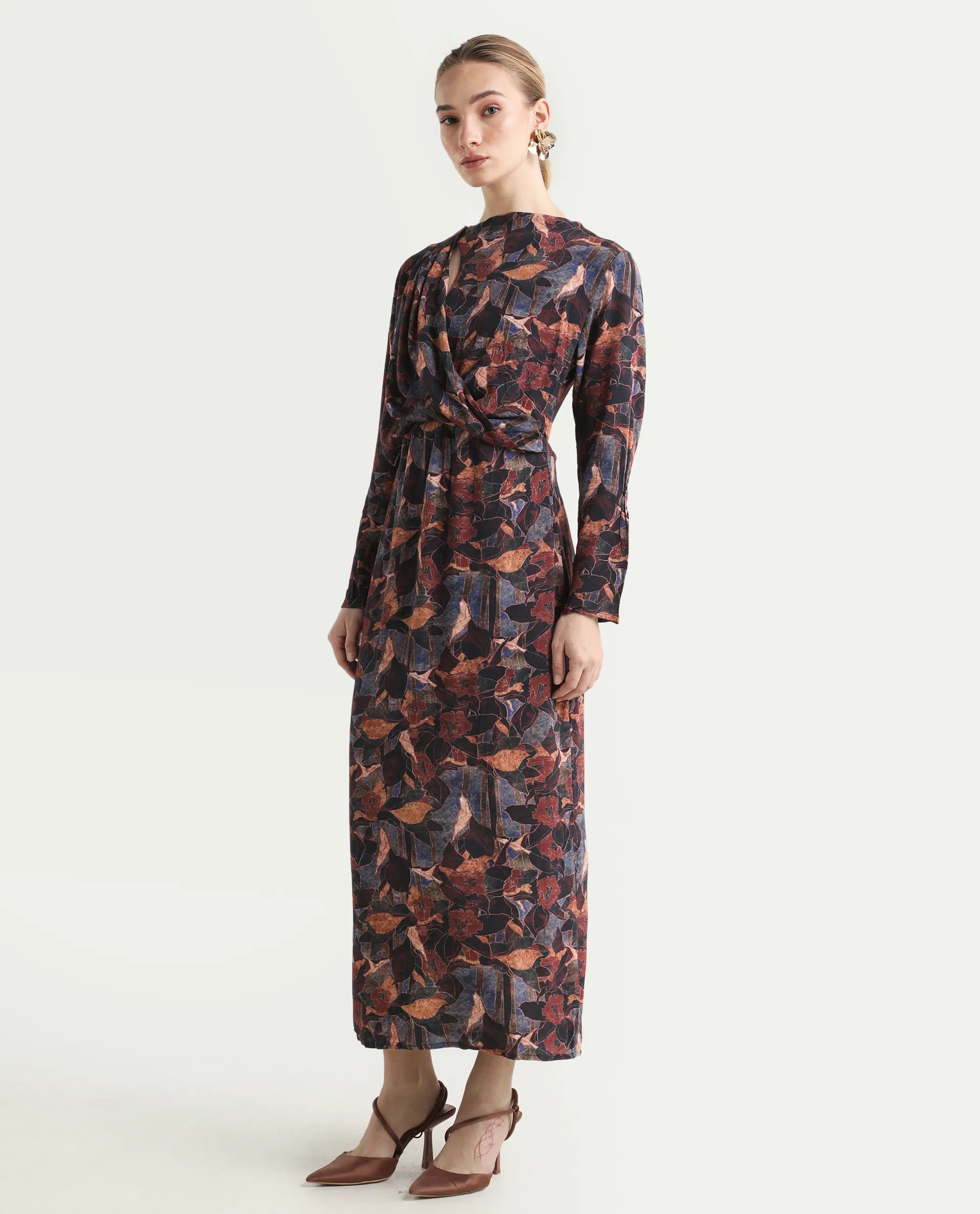 Rareism Women's Winzop Multi Viscose Blend Cowl Neck Floral Print Midi Straight Fit Dress