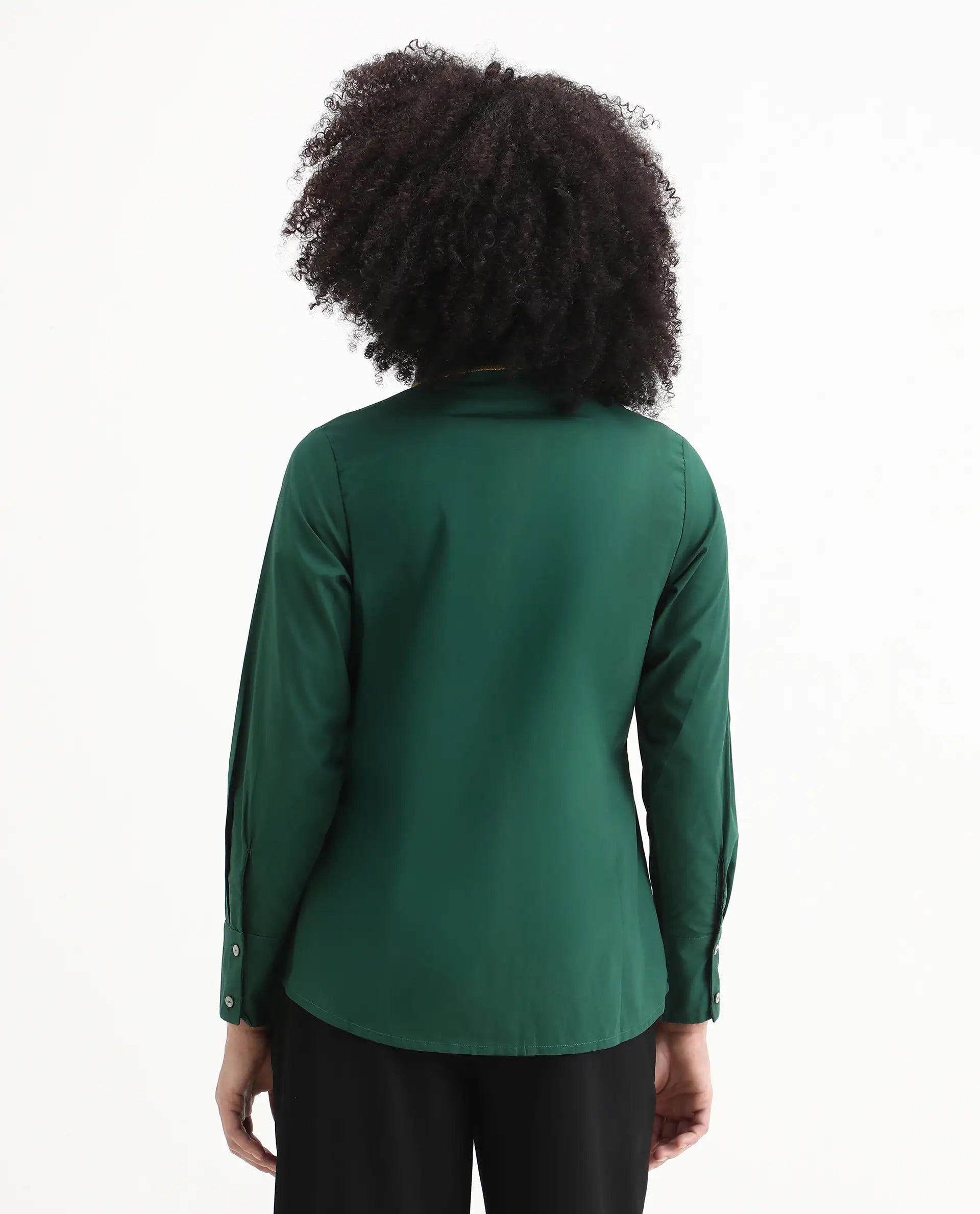 Rareism Women's Wonton Dark Green Cotton Ribbed Collar Plain Cuffed Sleeve Regular Fit Top