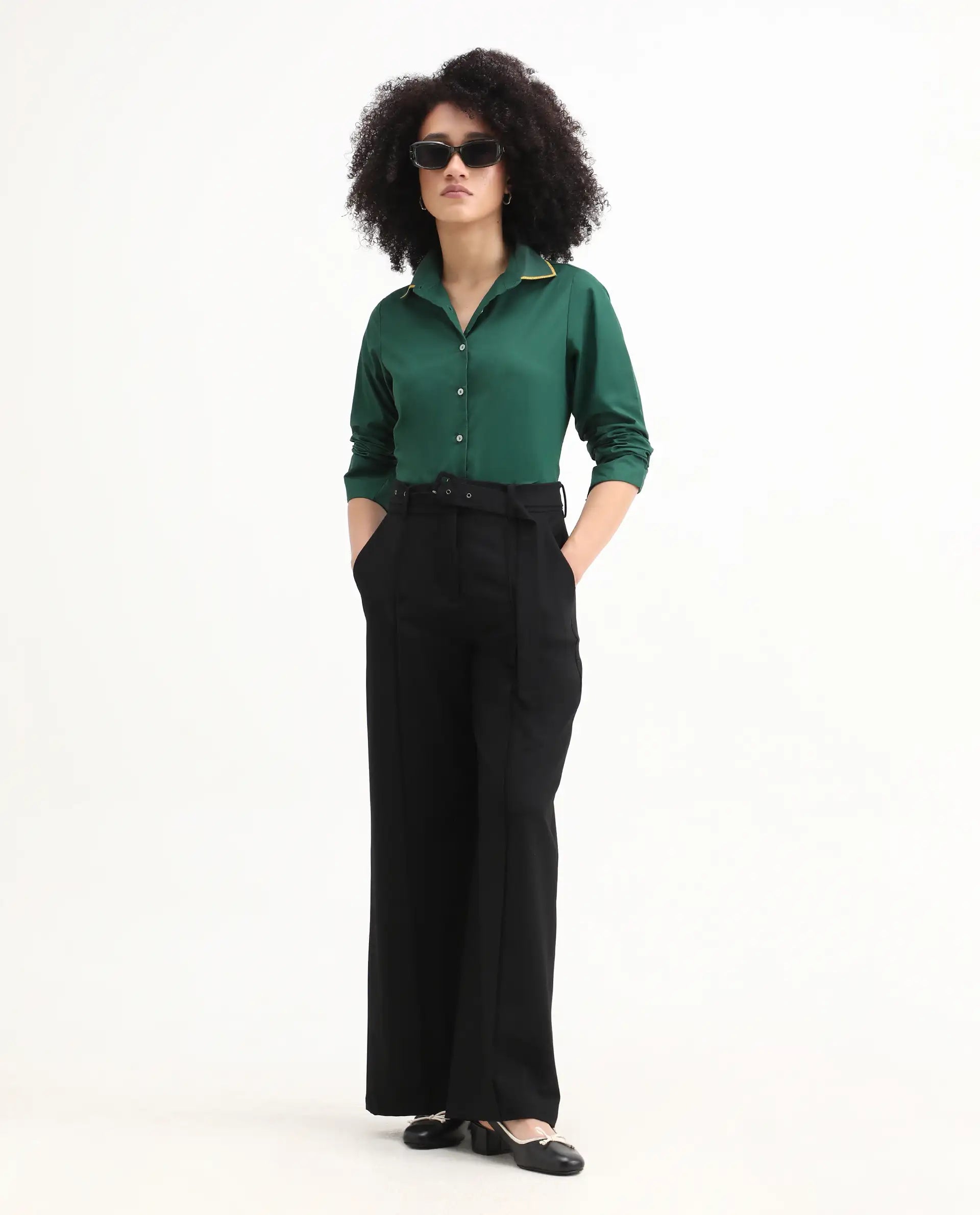 Rareism Women's Wonton Dark Green Cotton Ribbed Collar Plain Cuffed Sleeve Regular Fit Top