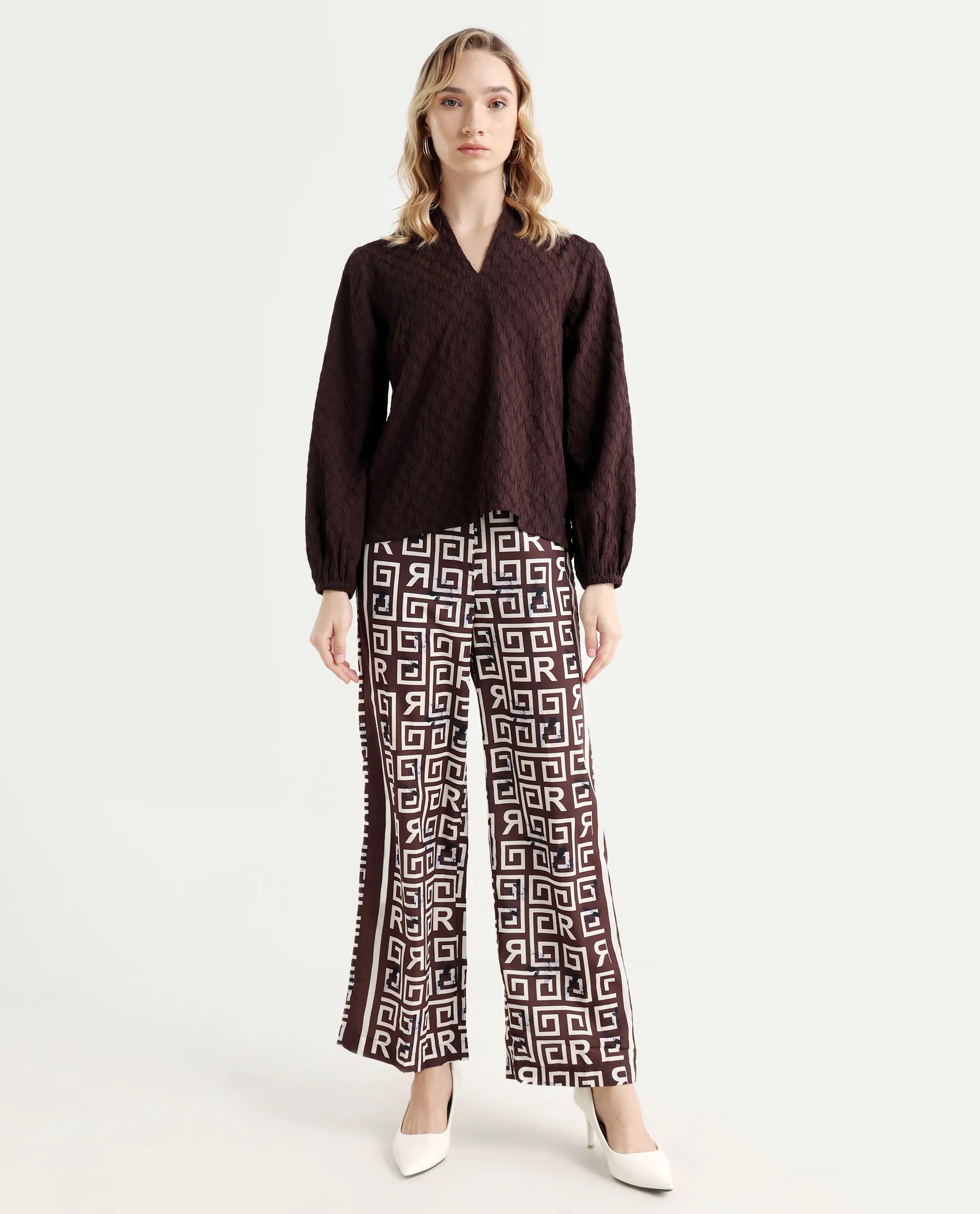 Rareism Women's Wood Brown Polyester Geometric Print Ankle Length Regular Fit Trouser