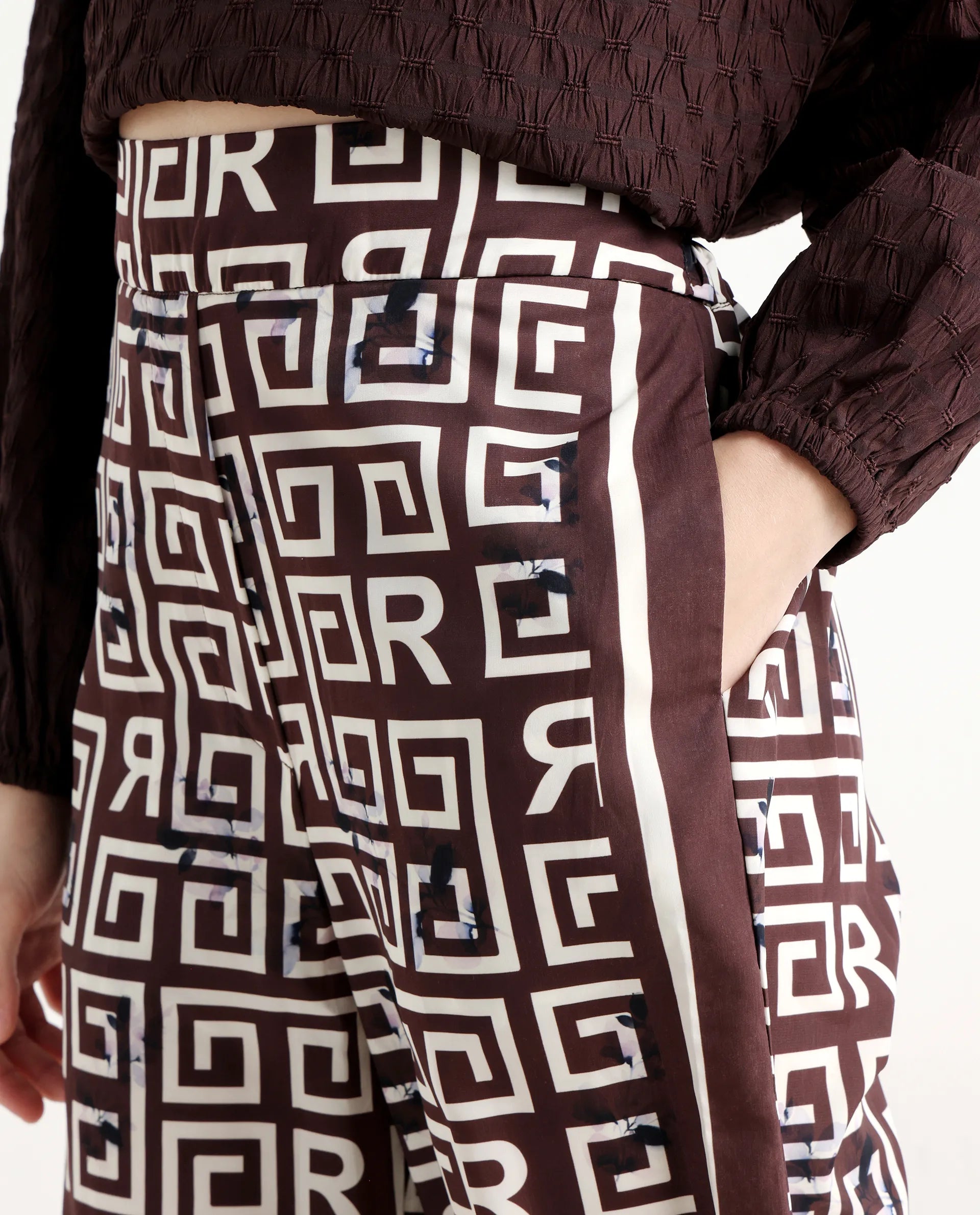 Rareism Women's Wood Brown Polyester Geometric Print Ankle Length Regular Fit Trouser