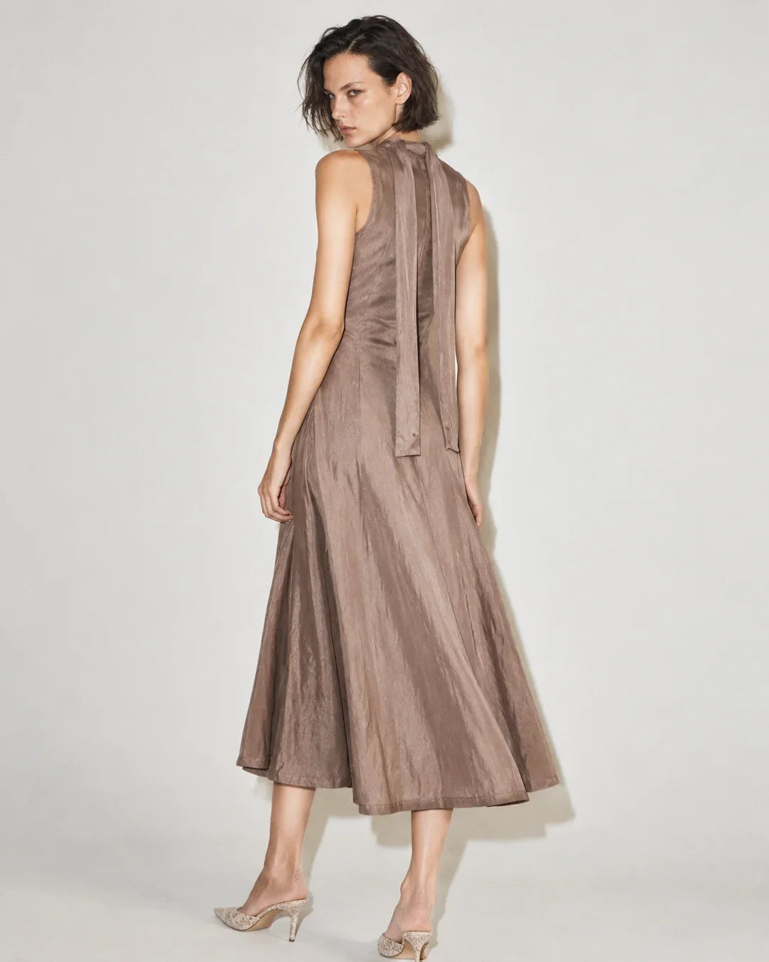 Rareism Women's Xalo Dusky Tan Polyester High Neck A-Line Plain Dress