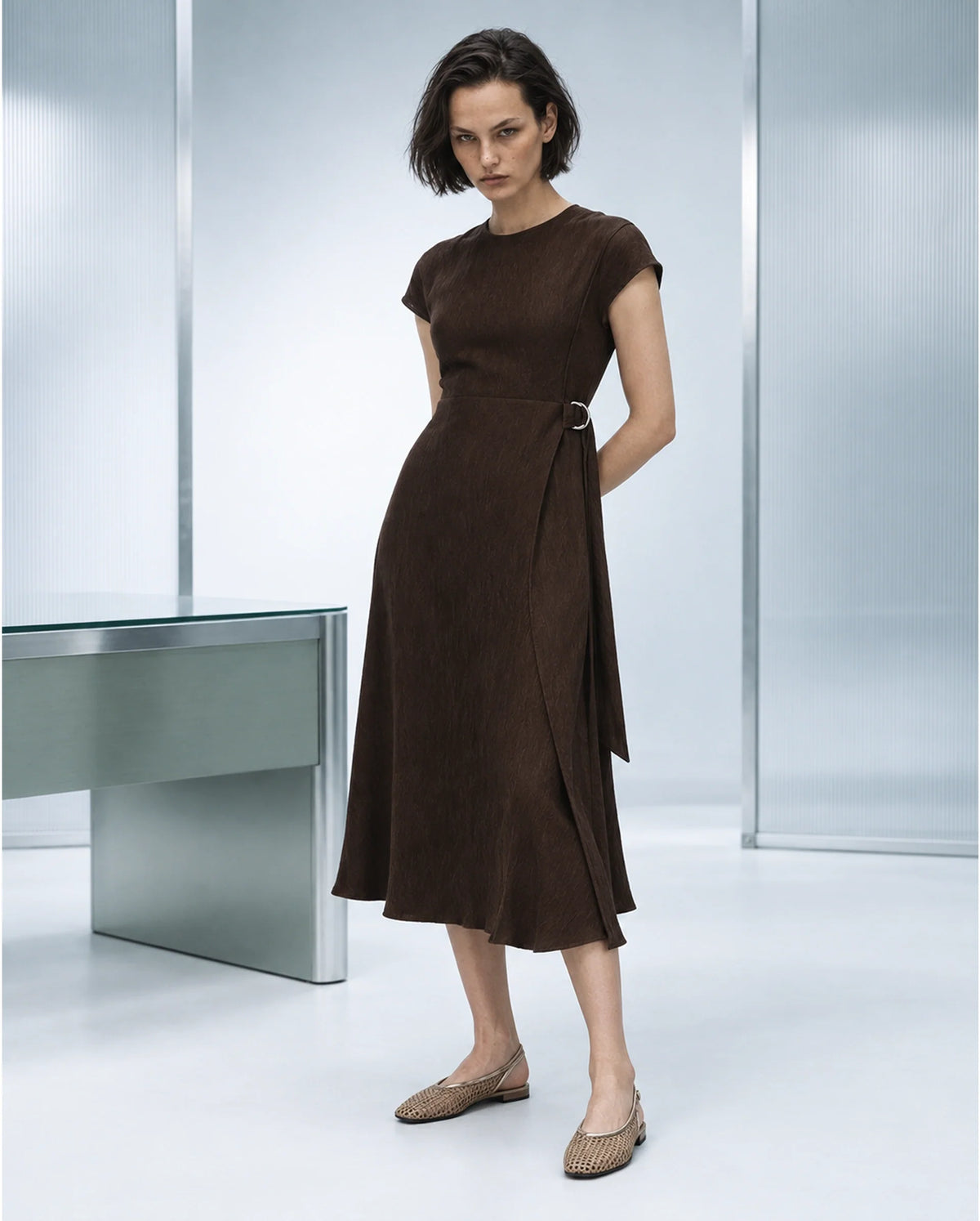 Rareism Women's Xara Dark Brown Viscose Blend Crew Neck Fit And Flare Plain Dress