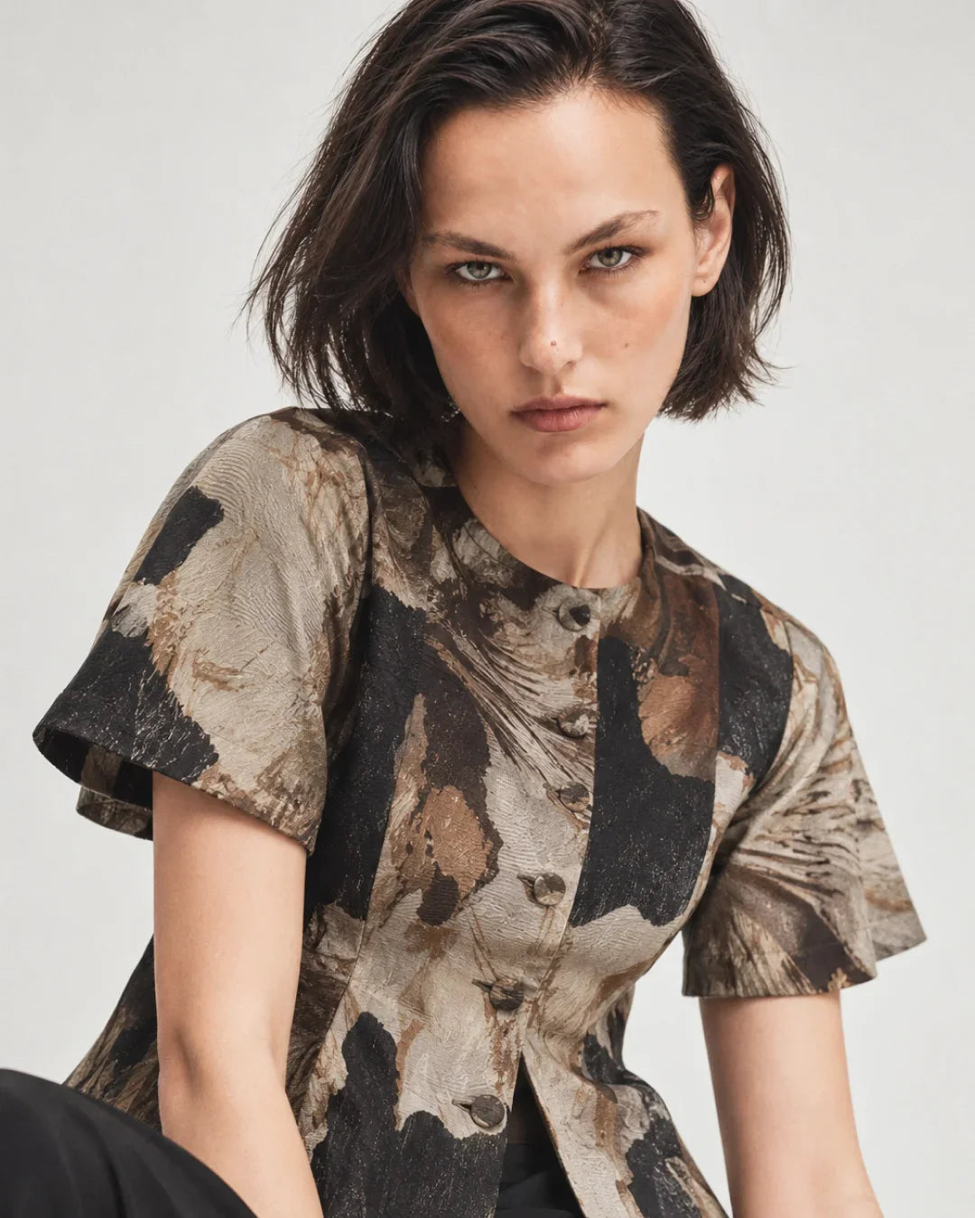 Rareism Womens Xennot Brown Polyester Blend Crew Neck Regular Floral Print Top
