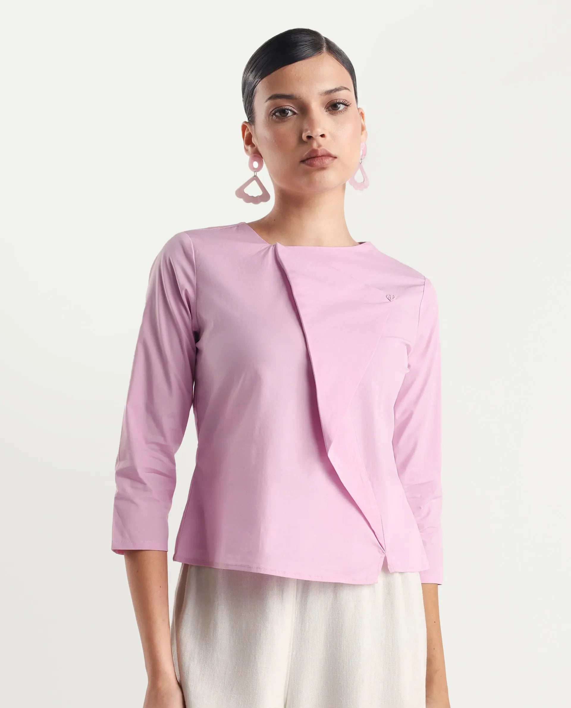 Rareism Women's Xew Light Pink Cotton Blend Asymmetric Neck Plain Regular Fit Top