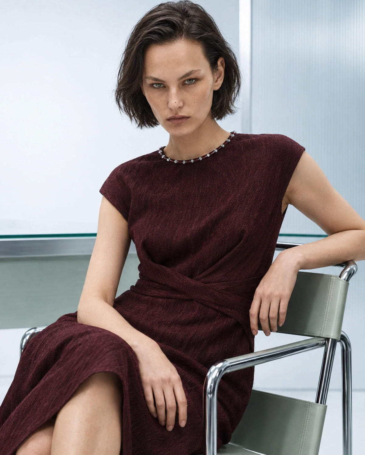 Rareism Women's Xiot Dark Maroon Viscose Blend Crew Neck Fit And Flare Plain Dress