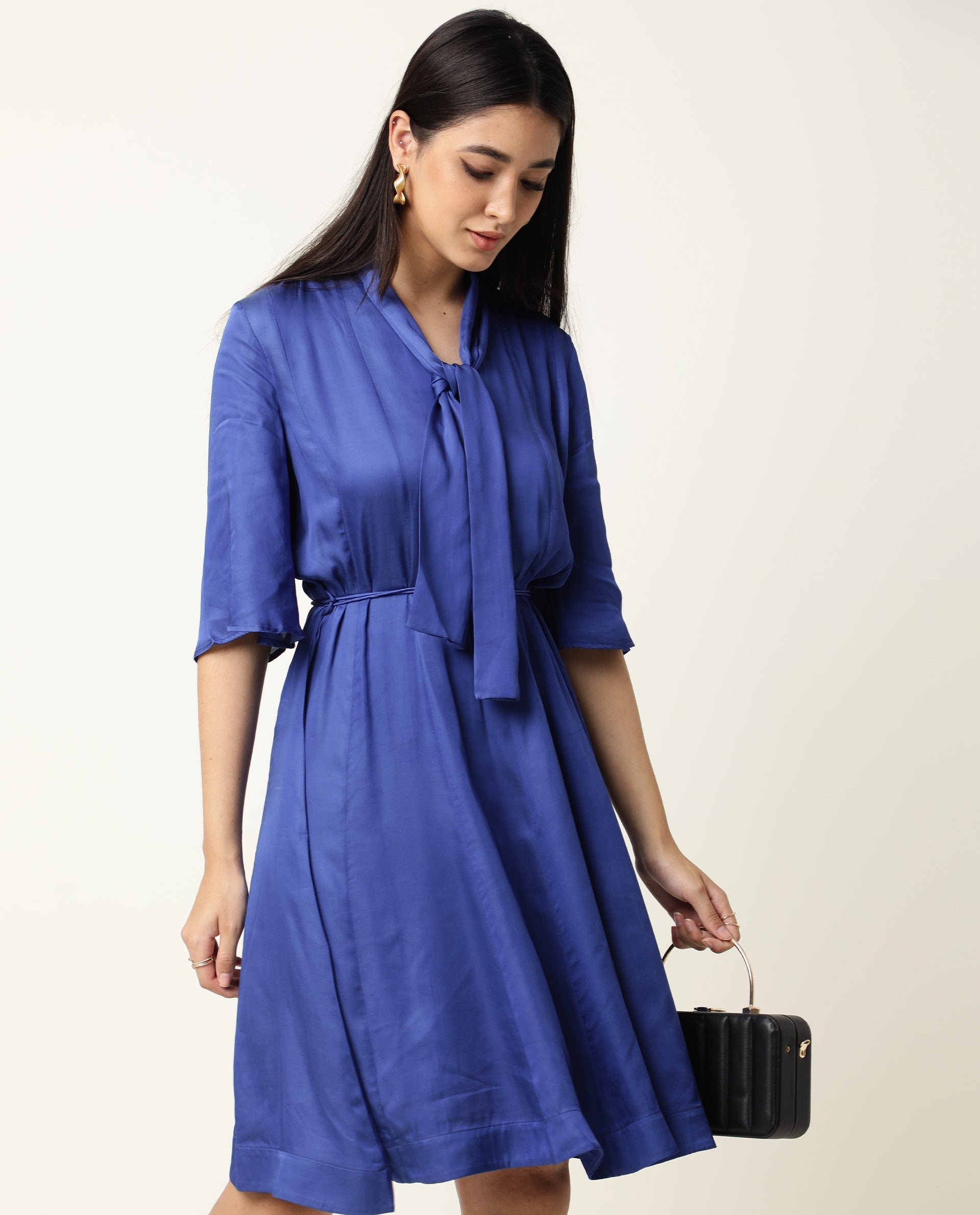 Rareism Women's Yeme Blue V-Neck Plain Flared Sleeve Knee Length Regular Fit Dress