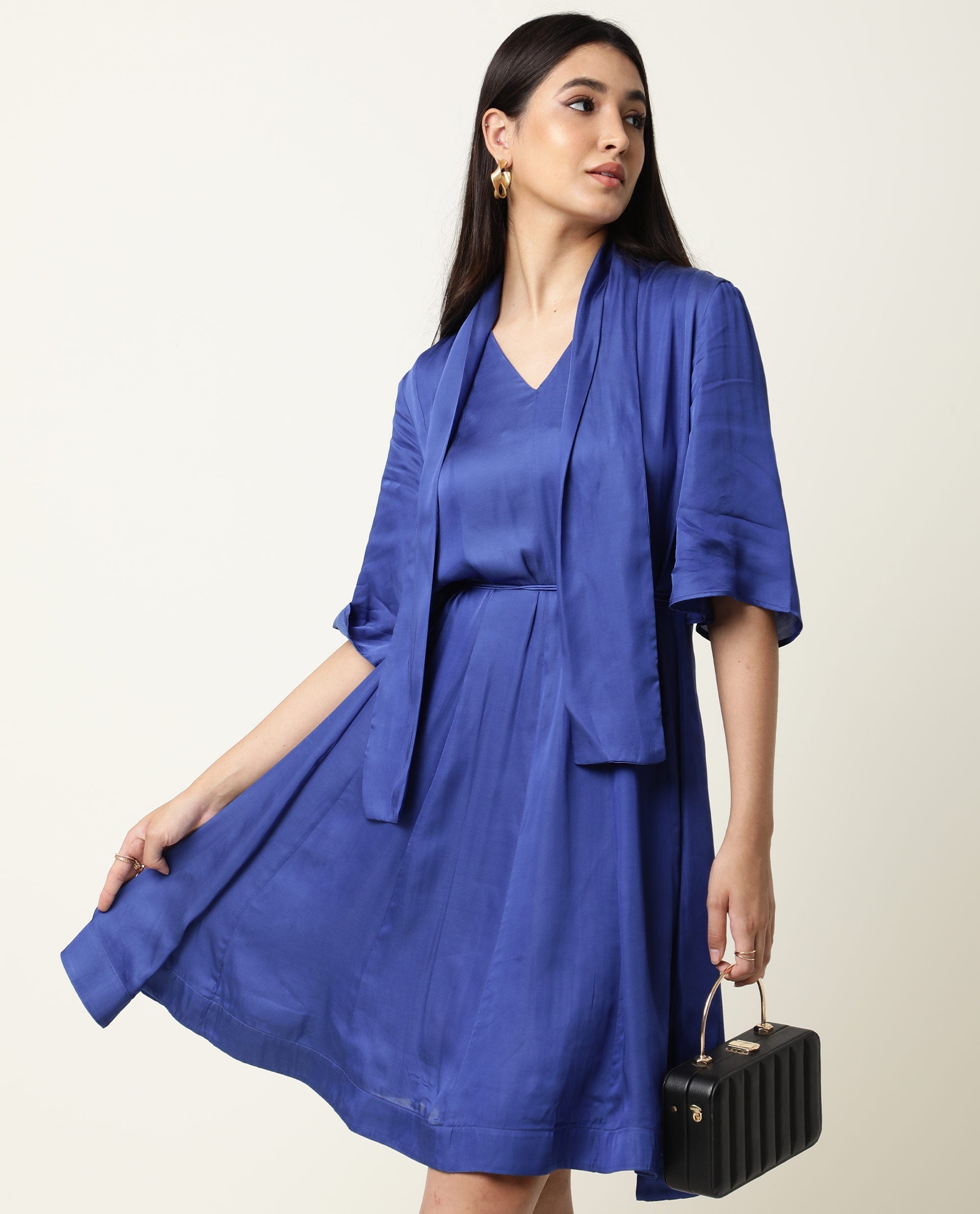 Rareism Women's Yeme Blue V-Neck Plain Flared Sleeve Knee Length Regular Fit Dress
