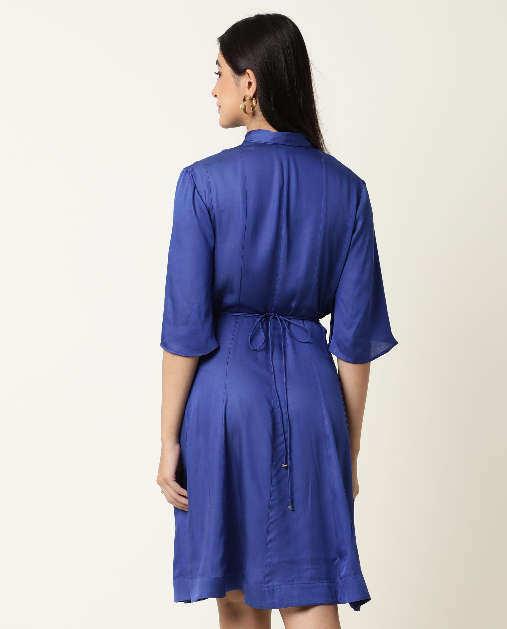 Rareism Women's Yeme Blue V-Neck Plain Flared Sleeve Knee Length Regular Fit Dress
