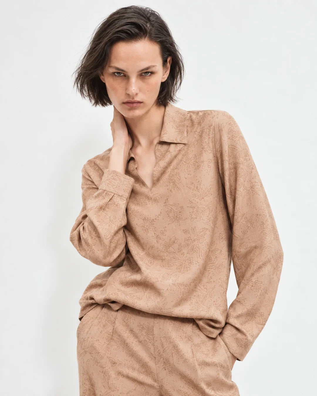 Rareism Women's Yev-T Light Brown Floral Viscose Blend Regular Long Sleeves Top