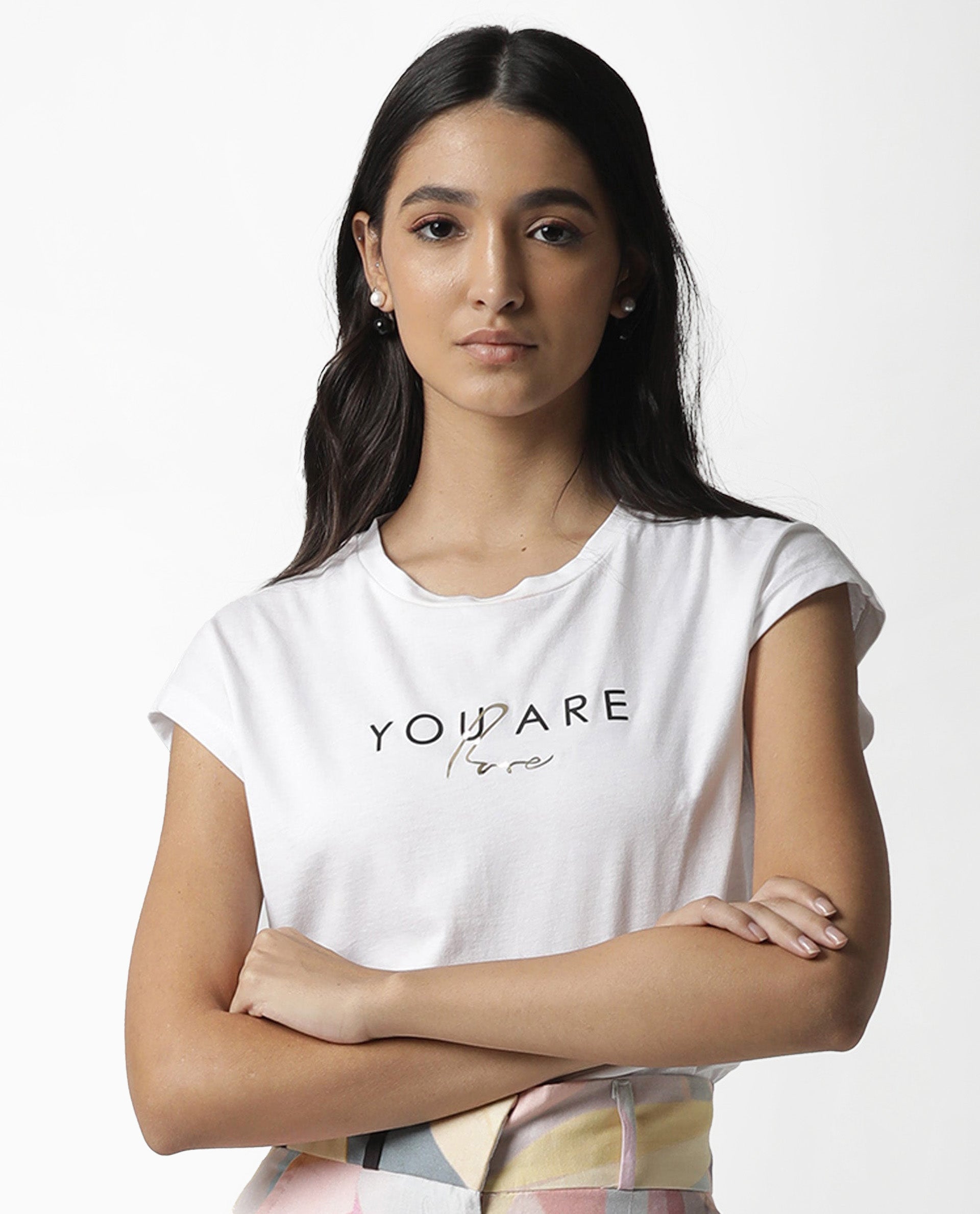 Rareism Womens Caprico White T-Shirt Cotton Fabric Regular Fit Half Sleeve Round Neck