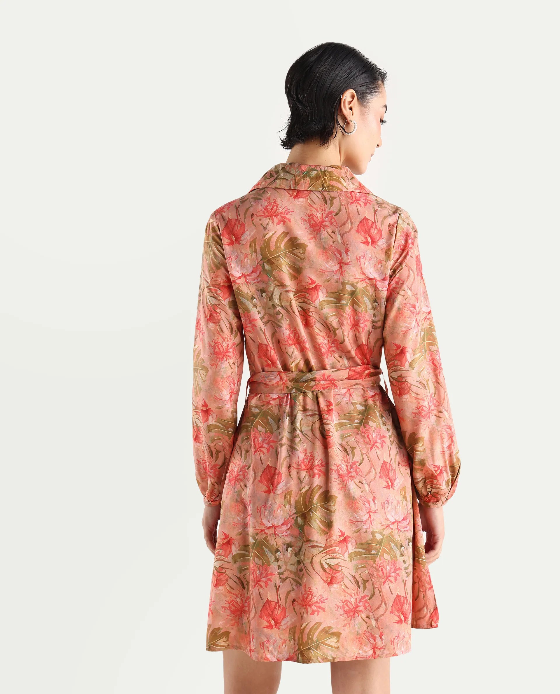 Rareism Women's Youat Multi Viscose Spread Collar Floral Print Bishop Sleeve Mini Fit And Flare Dress