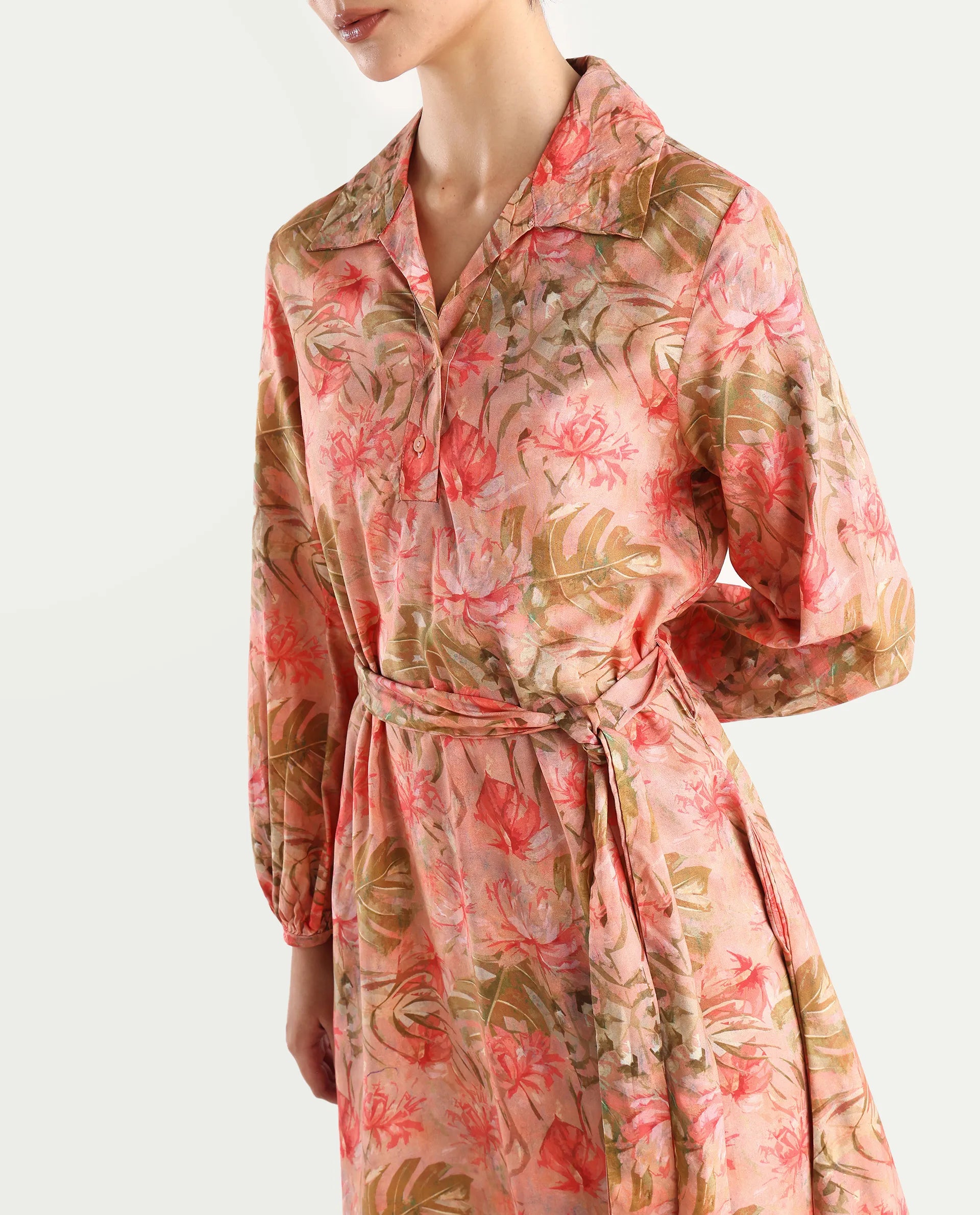 Rareism Women's Youat Multi Viscose Spread Collar Floral Print Bishop Sleeve Mini Fit And Flare Dress