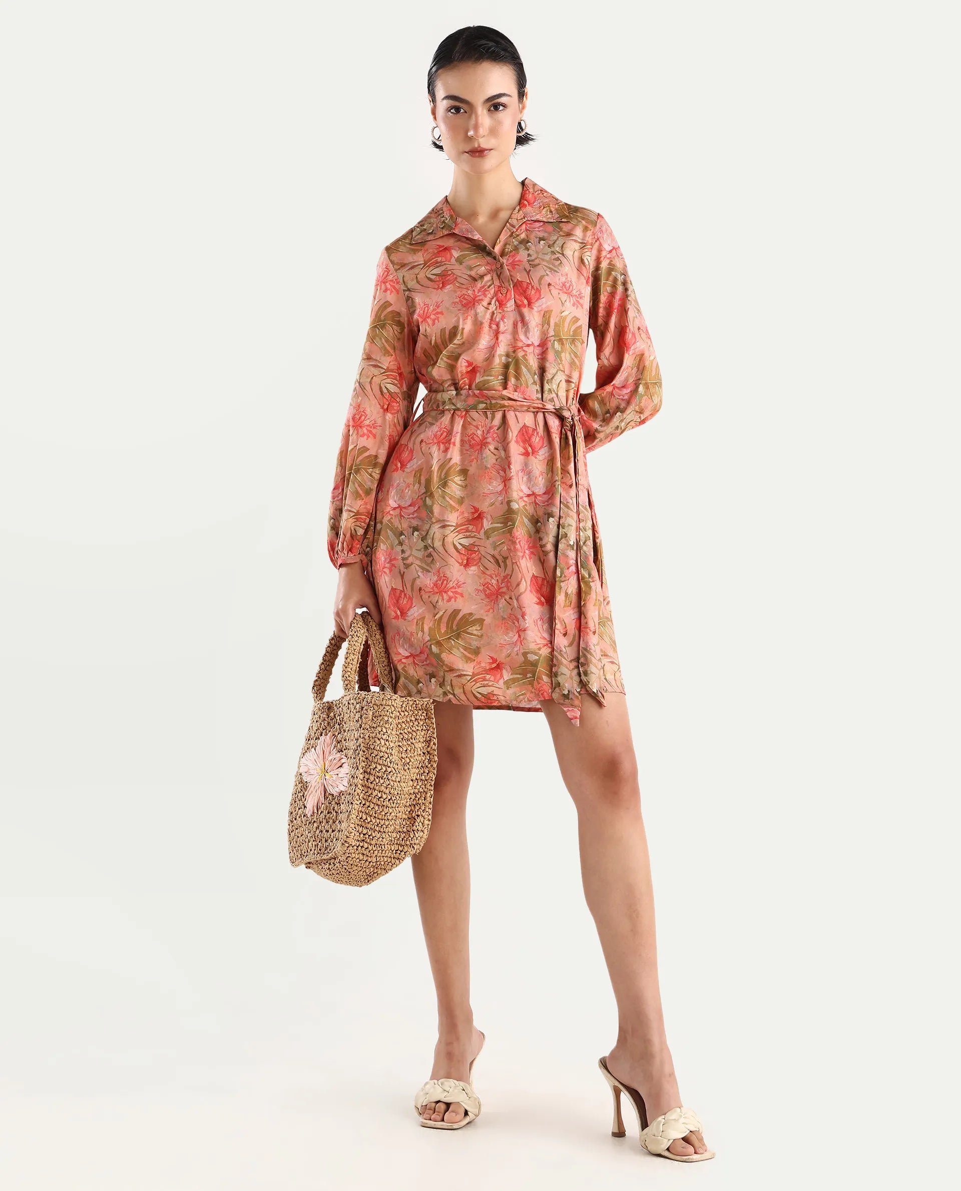Rareism Women's Youat Multi Viscose Spread Collar Floral Print Bishop Sleeve Mini Fit And Flare Dress